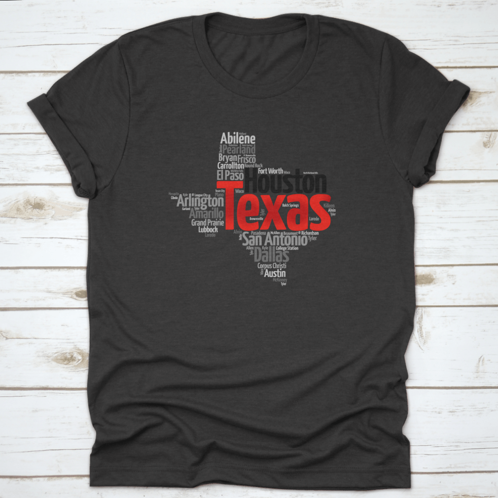 Red Texas Font Word Cloud Map featuring city silhouettes in a stylish design, showcasing Texas pride.