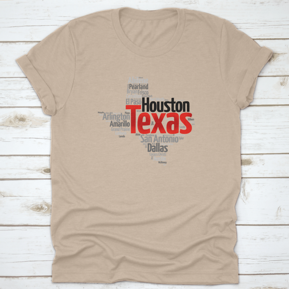 Red Texas Font Word Cloud Map featuring city silhouettes in a stylish design, showcasing Texas pride.