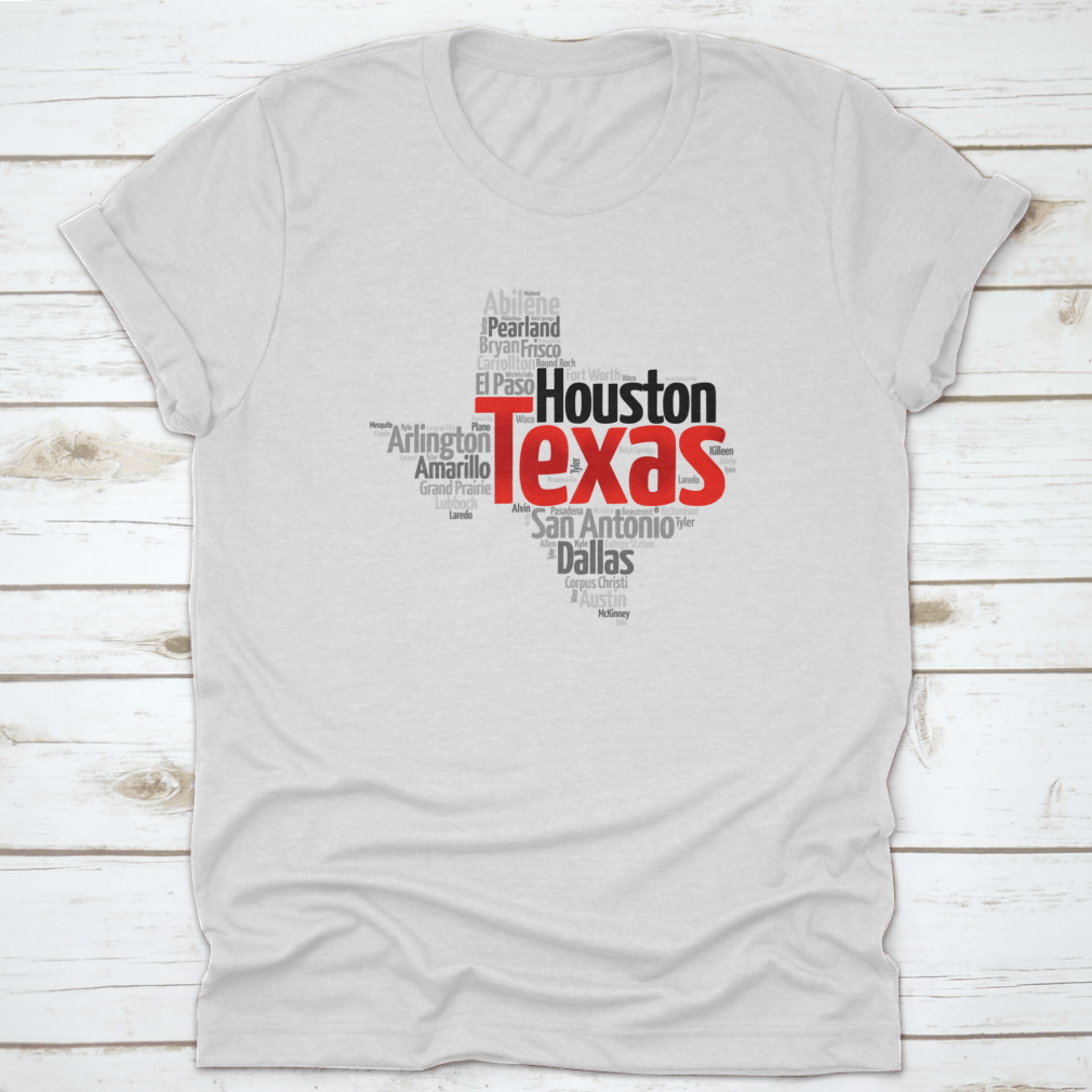 Red Texas Font Word Cloud Map featuring city silhouettes in a stylish design, showcasing Texas pride.