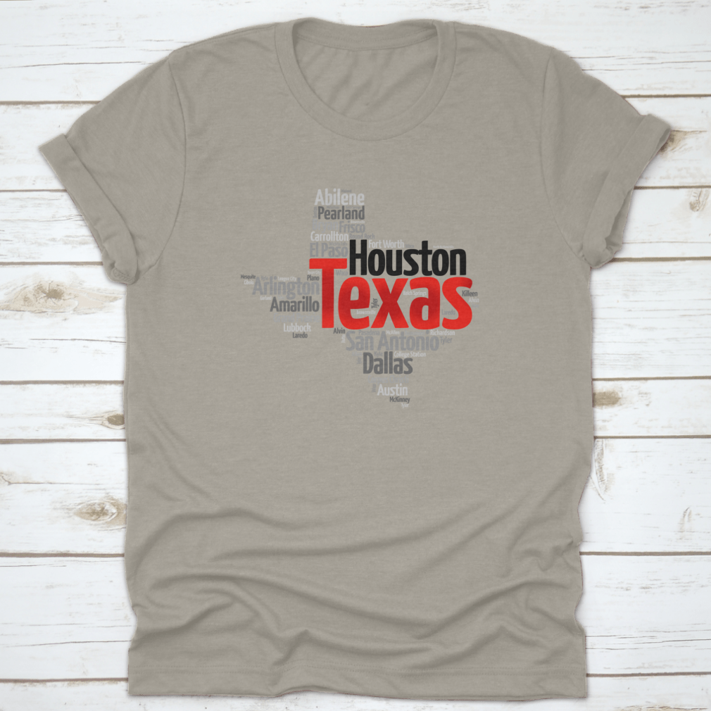 Red Texas Font Word Cloud Map featuring city silhouettes in a stylish design, showcasing Texas pride.