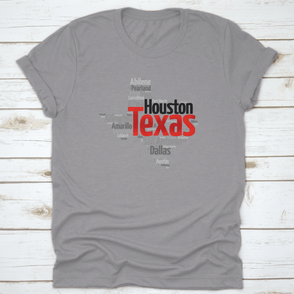 Red Texas Font Word Cloud Map featuring city silhouettes in a stylish design, showcasing Texas pride.