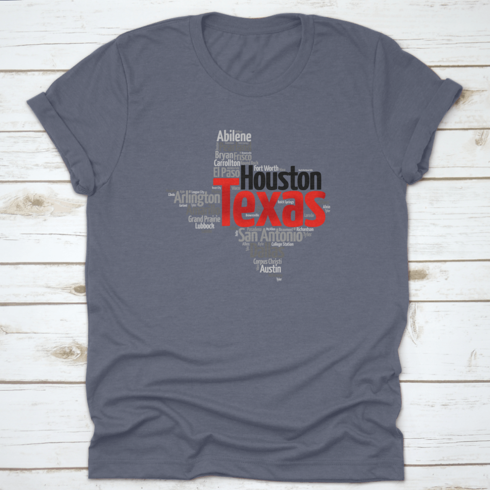 Red Texas Font Word Cloud Map featuring city silhouettes in a stylish design, showcasing Texas pride.