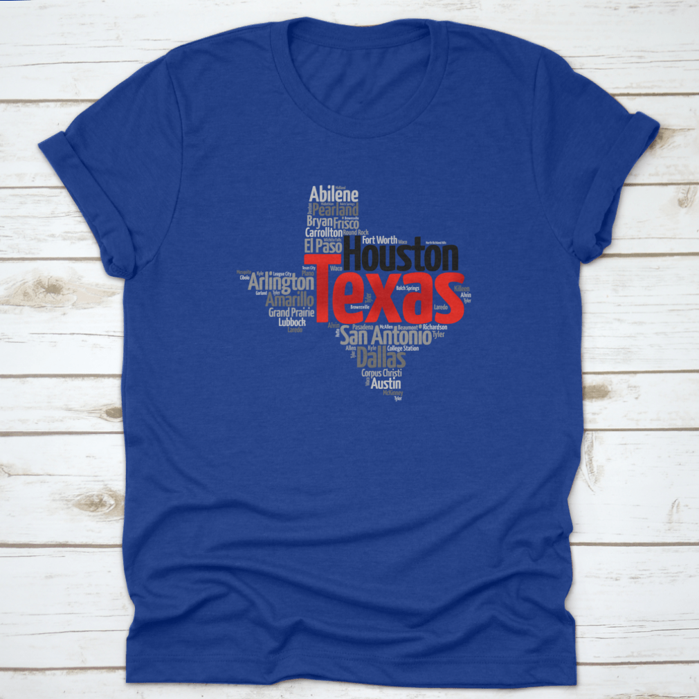 Red Texas Font Word Cloud Map featuring city silhouettes in a stylish design, showcasing Texas pride.