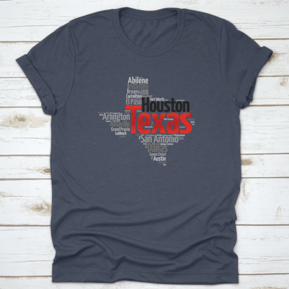 Red Texas Font Word Cloud Map featuring city silhouettes in a stylish design, showcasing Texas pride.