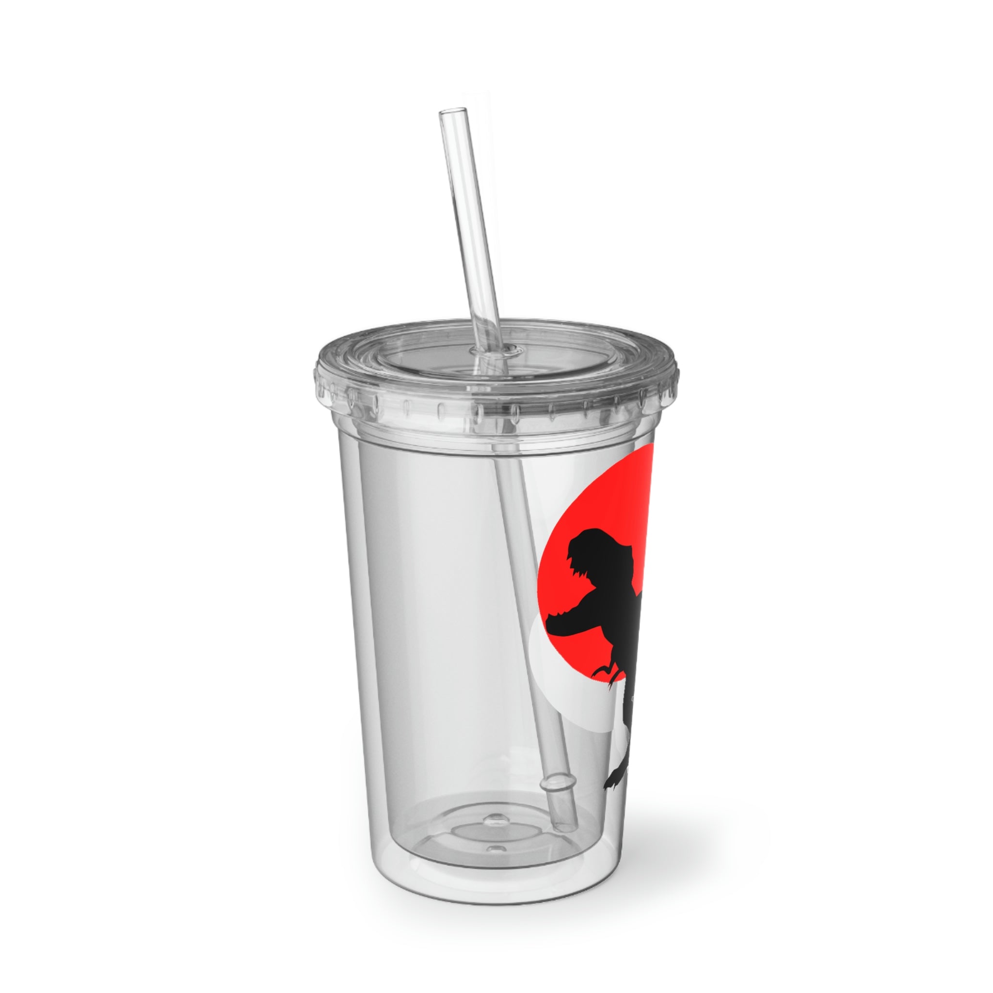 A stylish Red Tyrannosaurus Rex Design Suave Acrylic Cup with a vibrant dinosaur print, featuring a plastic lid and straw.