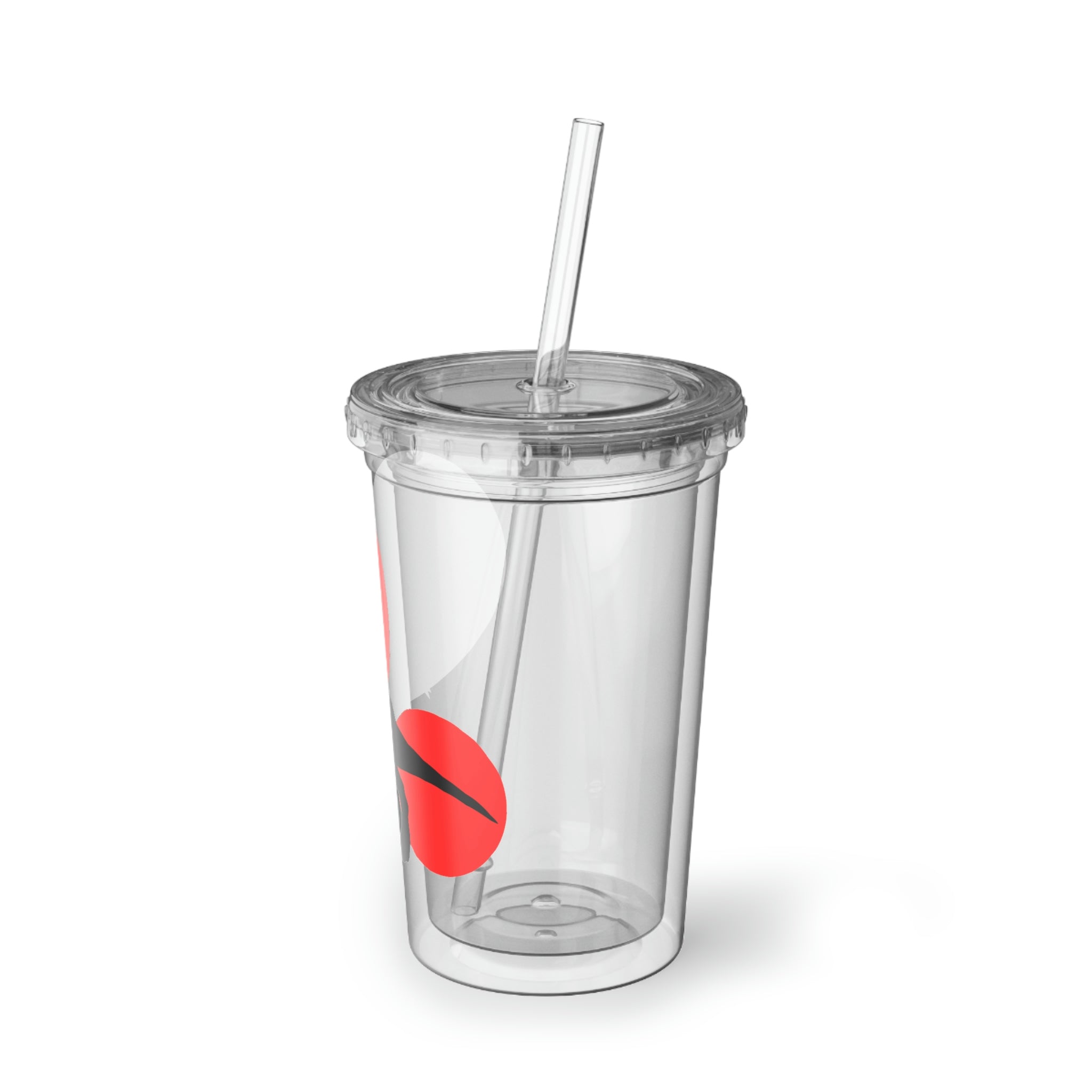 A stylish Red Tyrannosaurus Rex Design Suave Acrylic Cup with a vibrant dinosaur print, featuring a plastic lid and straw.