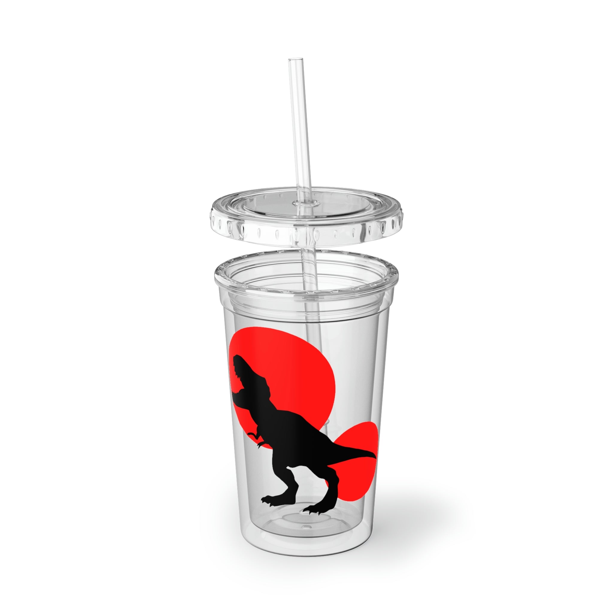 A stylish Red Tyrannosaurus Rex Design Suave Acrylic Cup with a vibrant dinosaur print, featuring a plastic lid and straw.