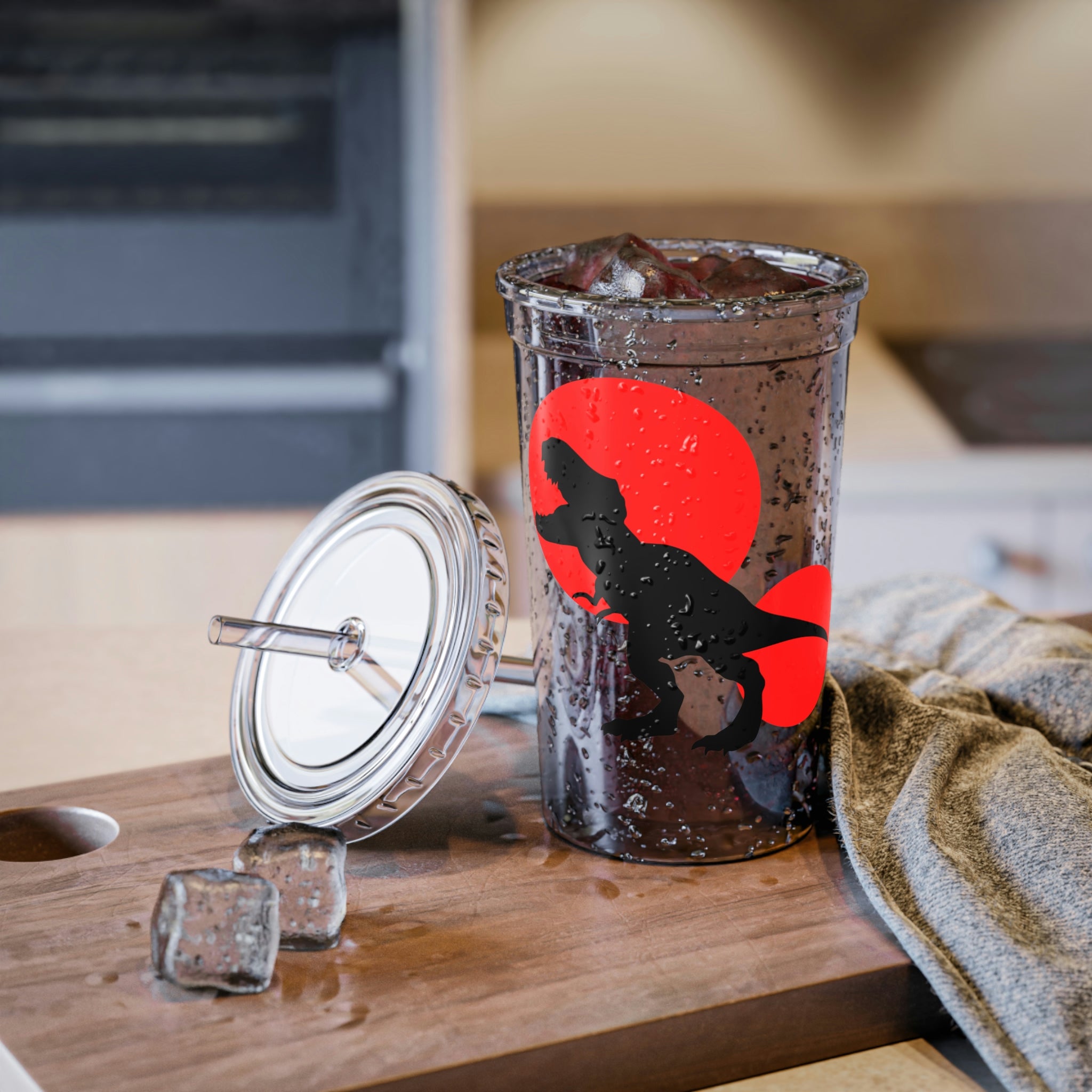 A stylish Red Tyrannosaurus Rex Design Suave Acrylic Cup with a vibrant dinosaur print, featuring a plastic lid and straw.