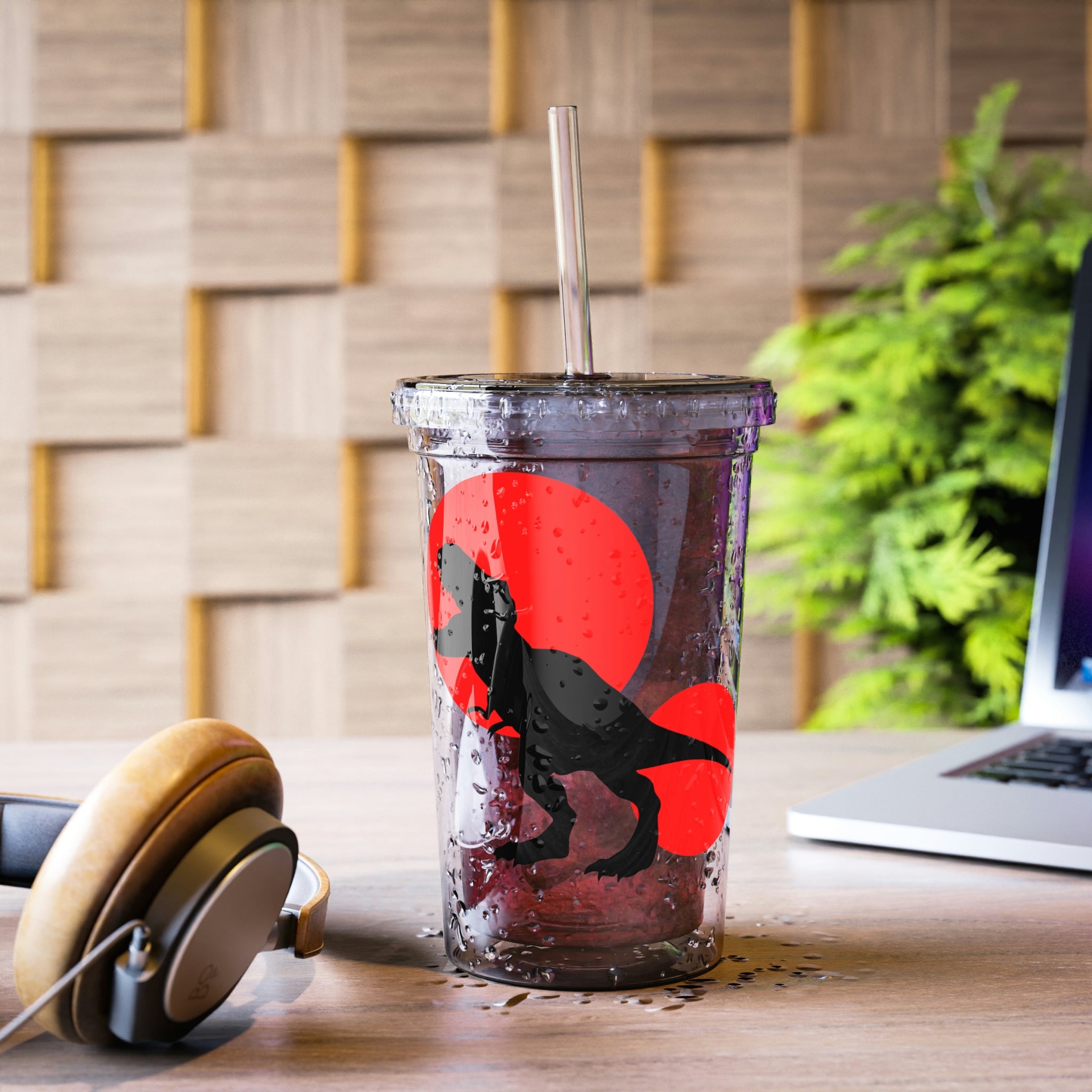 A stylish Red Tyrannosaurus Rex Design Suave Acrylic Cup with a vibrant dinosaur print, featuring a plastic lid and straw.