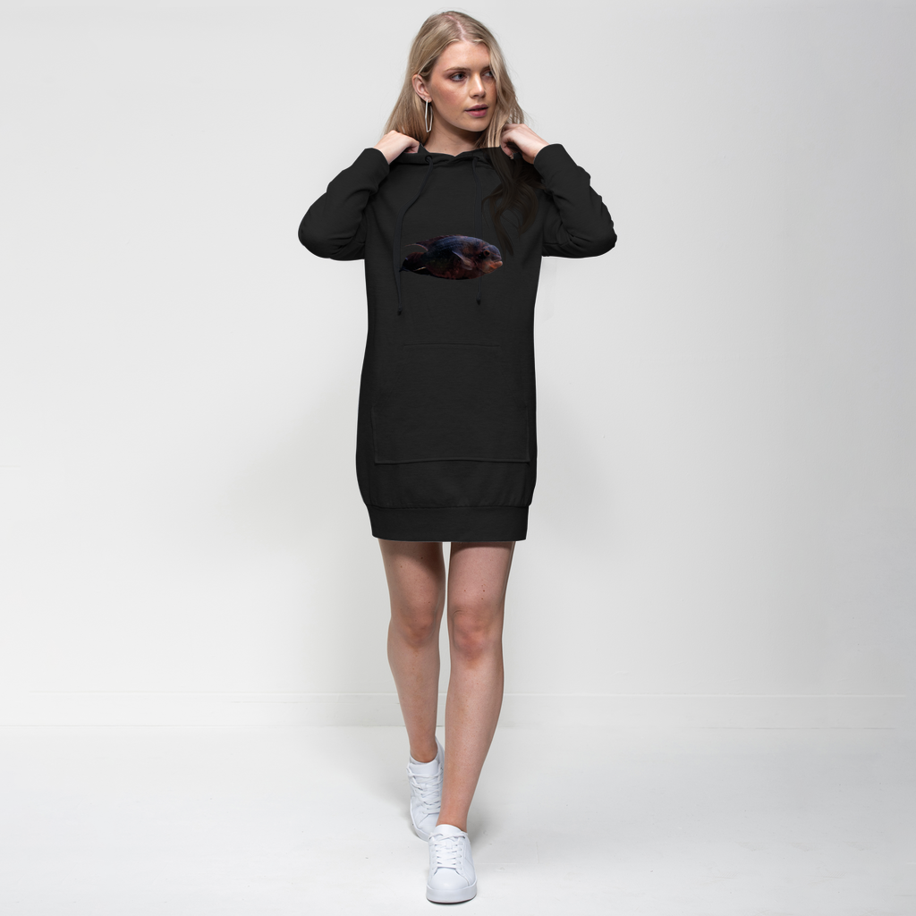 RedBlackFish Premium Adult Hoodie Dress featuring a stylish hood, kangaroo pocket, and ribbed sleeve detailing in a relaxed fit.