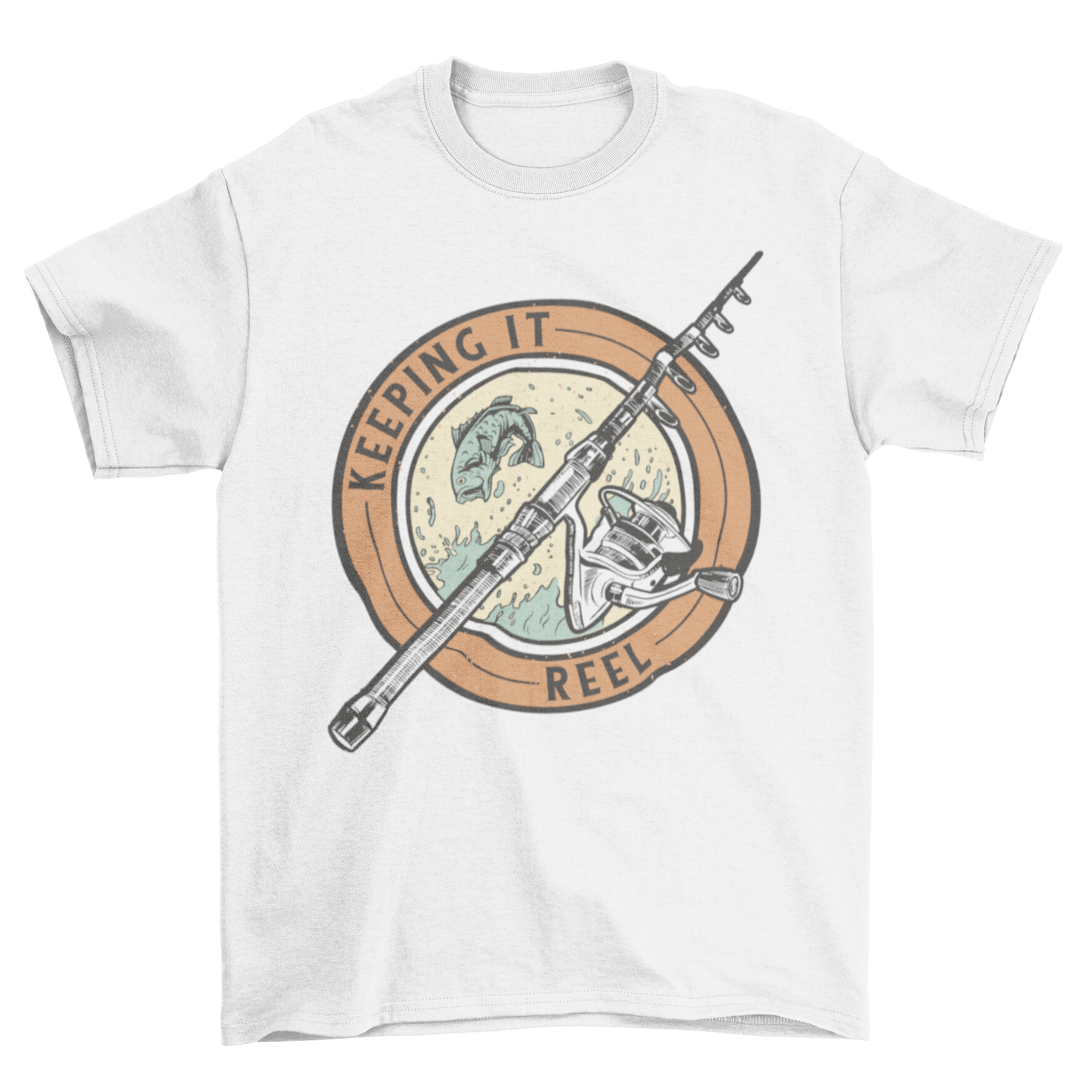 Reel Pun Fishing Hobby T-Shirt featuring a fishing reel graphic and the quote 'Keeping it reel'.