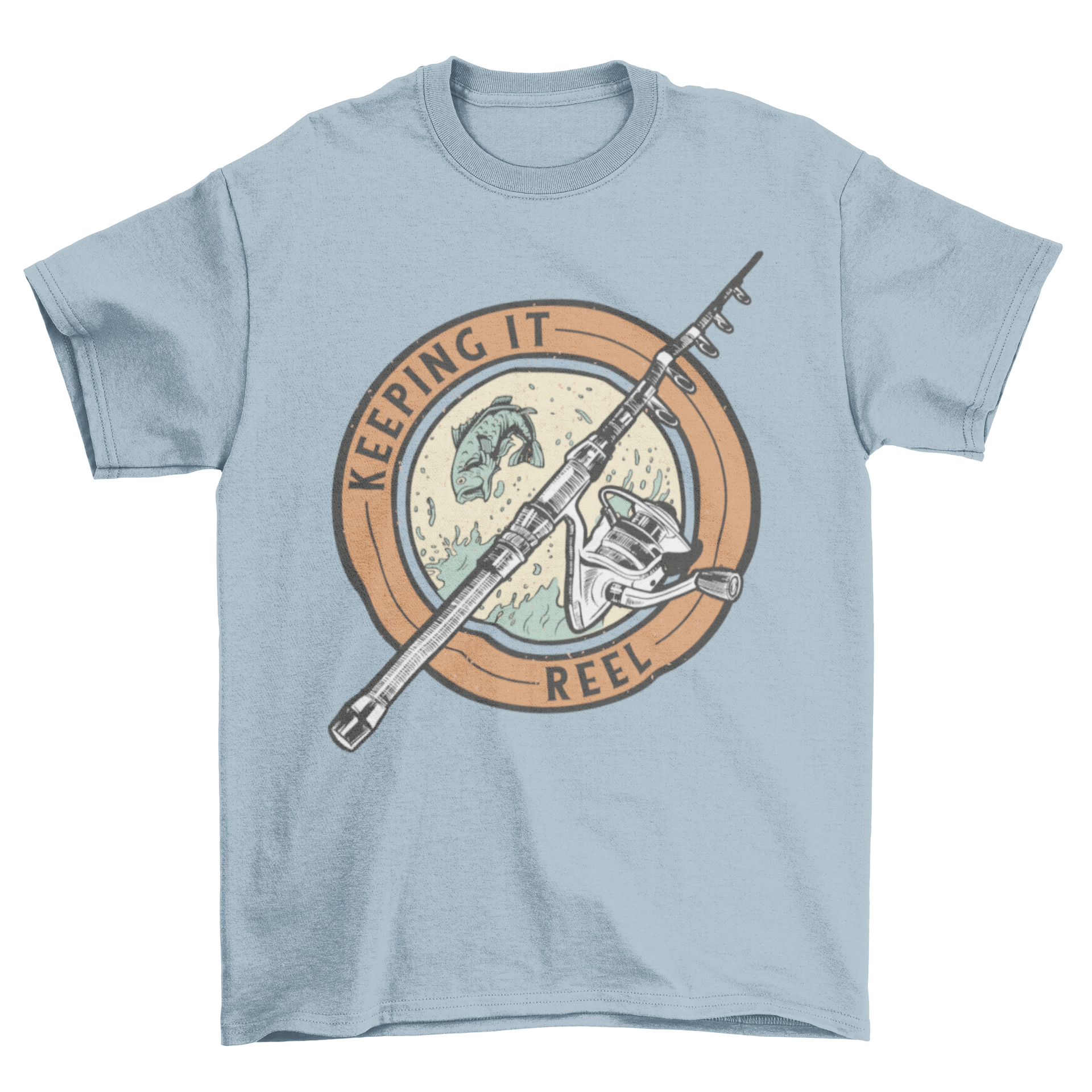 Reel Pun Fishing Hobby T-Shirt featuring a fishing reel graphic and the quote 'Keeping it reel'.