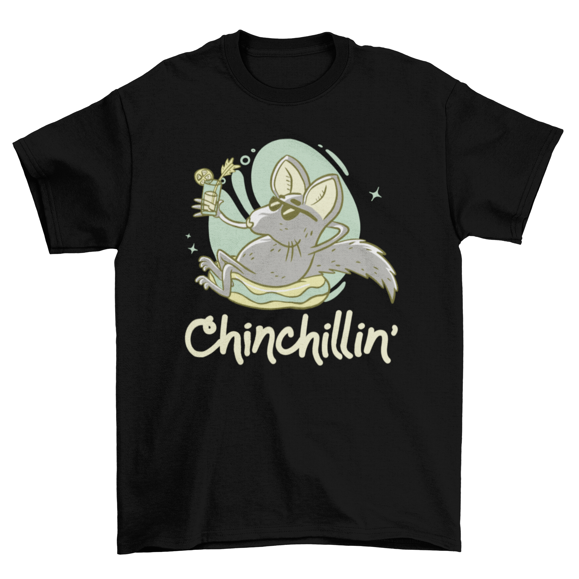 A relaxed chinchilla holding a lemonade with the caption 'Chinchillin' on a soft t-shirt.