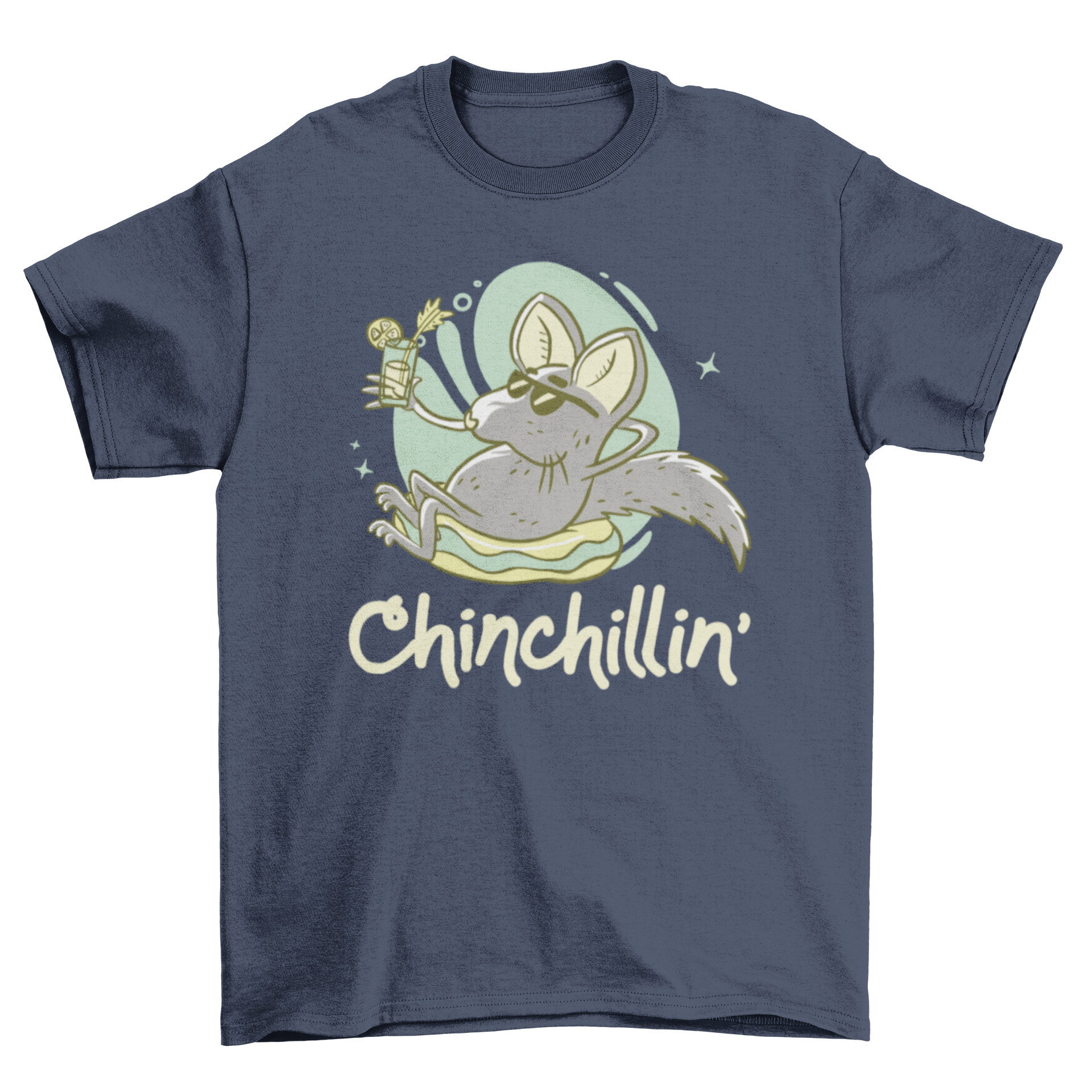 A relaxed chinchilla holding a lemonade with the caption 'Chinchillin' on a soft t-shirt.