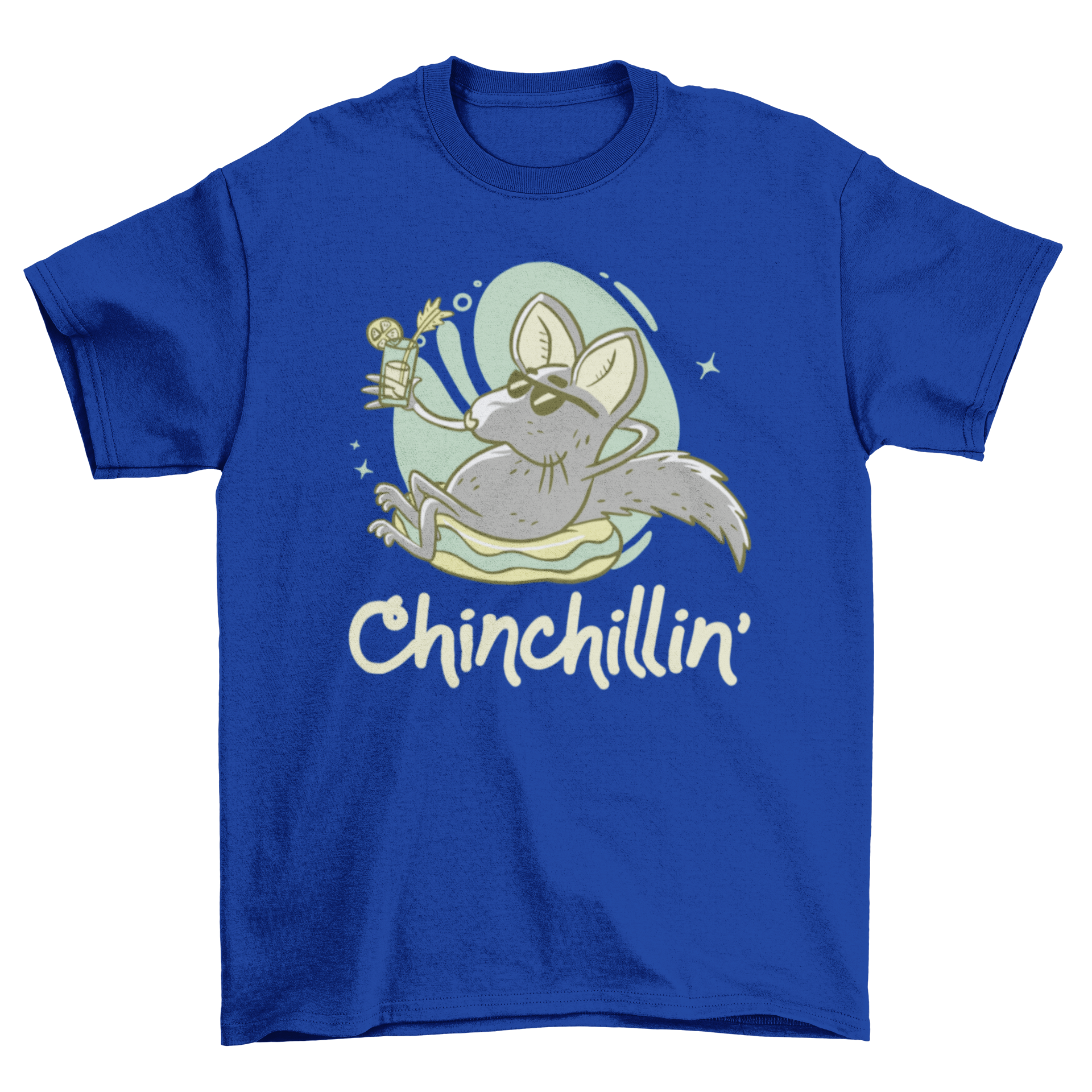 A relaxed chinchilla holding a lemonade with the caption 'Chinchillin' on a soft t-shirt.