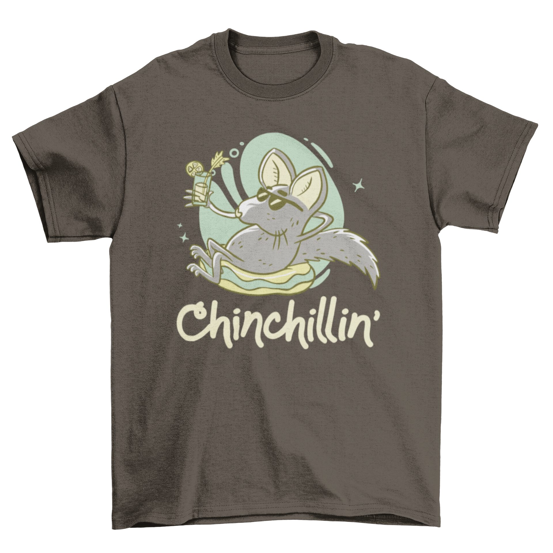 A relaxed chinchilla holding a lemonade with the caption 'Chinchillin' on a soft t-shirt.