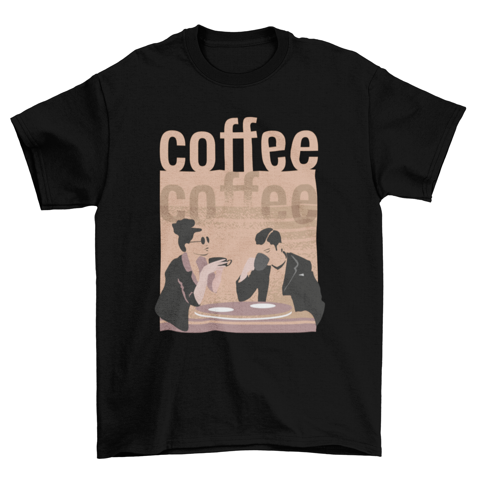 Relaxing Coffee T-shirt featuring a man and woman enjoying coffee with a brown background and 'coffee coffee' caption.