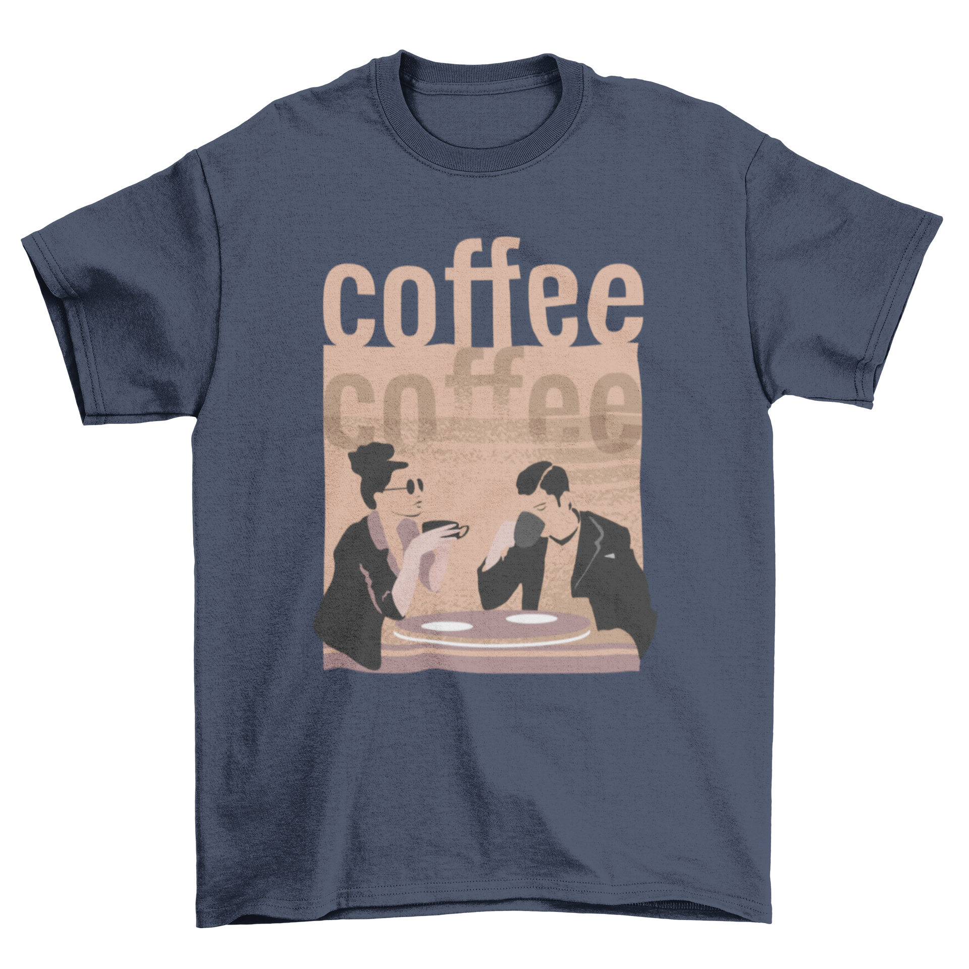 Relaxing Coffee T-shirt featuring a man and woman enjoying coffee with a brown background and 'coffee coffee' caption.