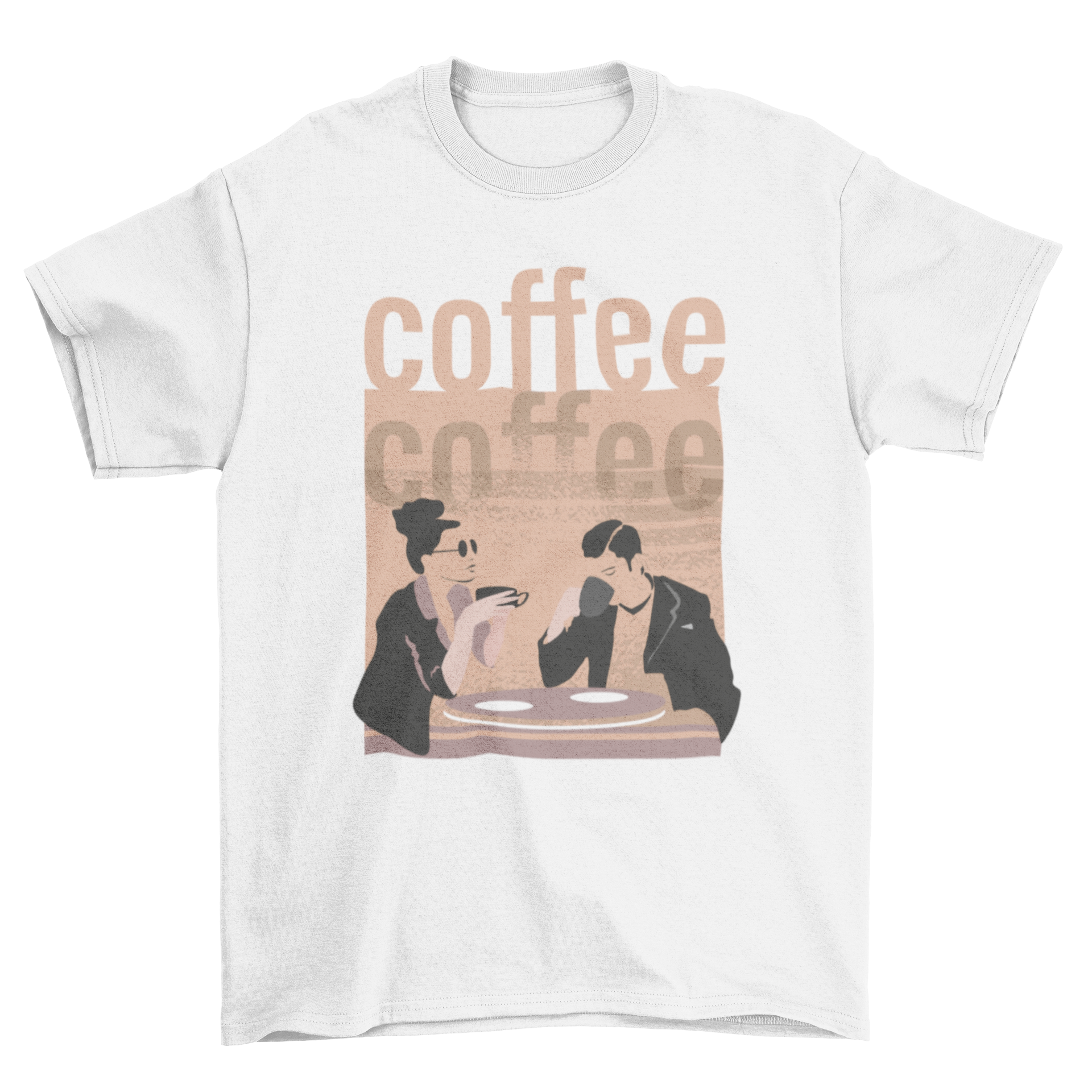 Relaxing Coffee T-shirt featuring a man and woman enjoying coffee with a brown background and 'coffee coffee' caption.