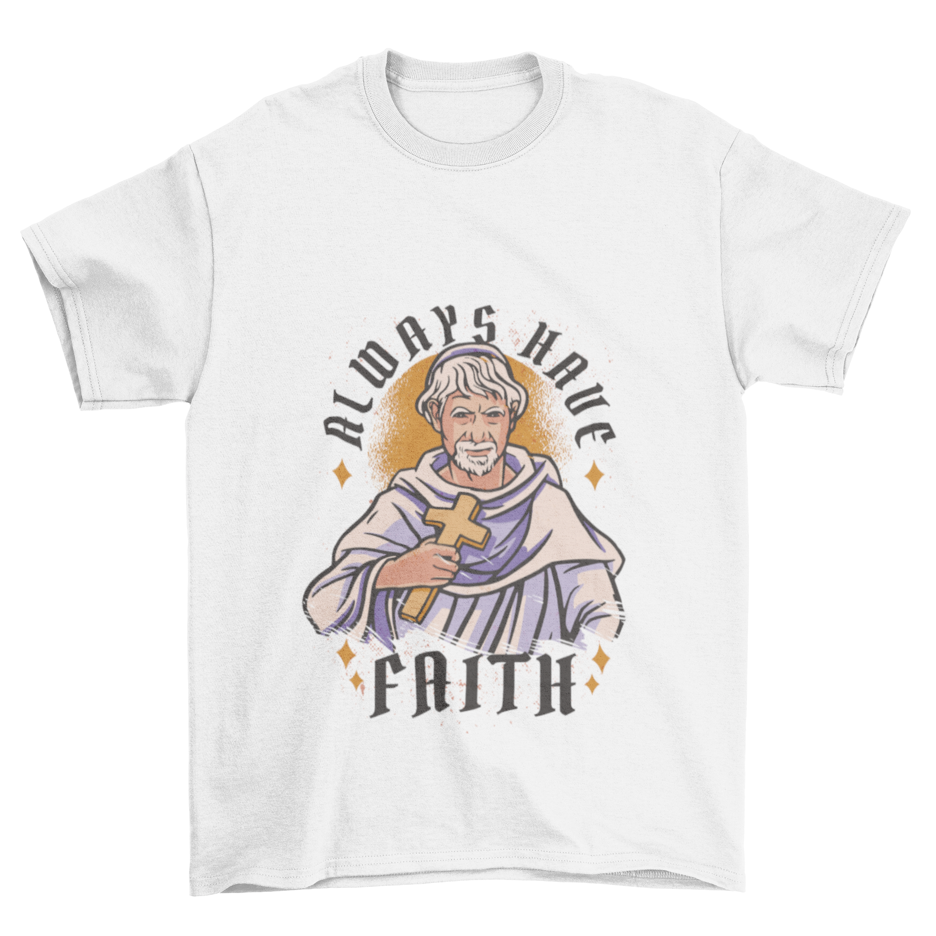 A stylish t-shirt featuring a man in religious attire holding a cross, symbolizing faith.