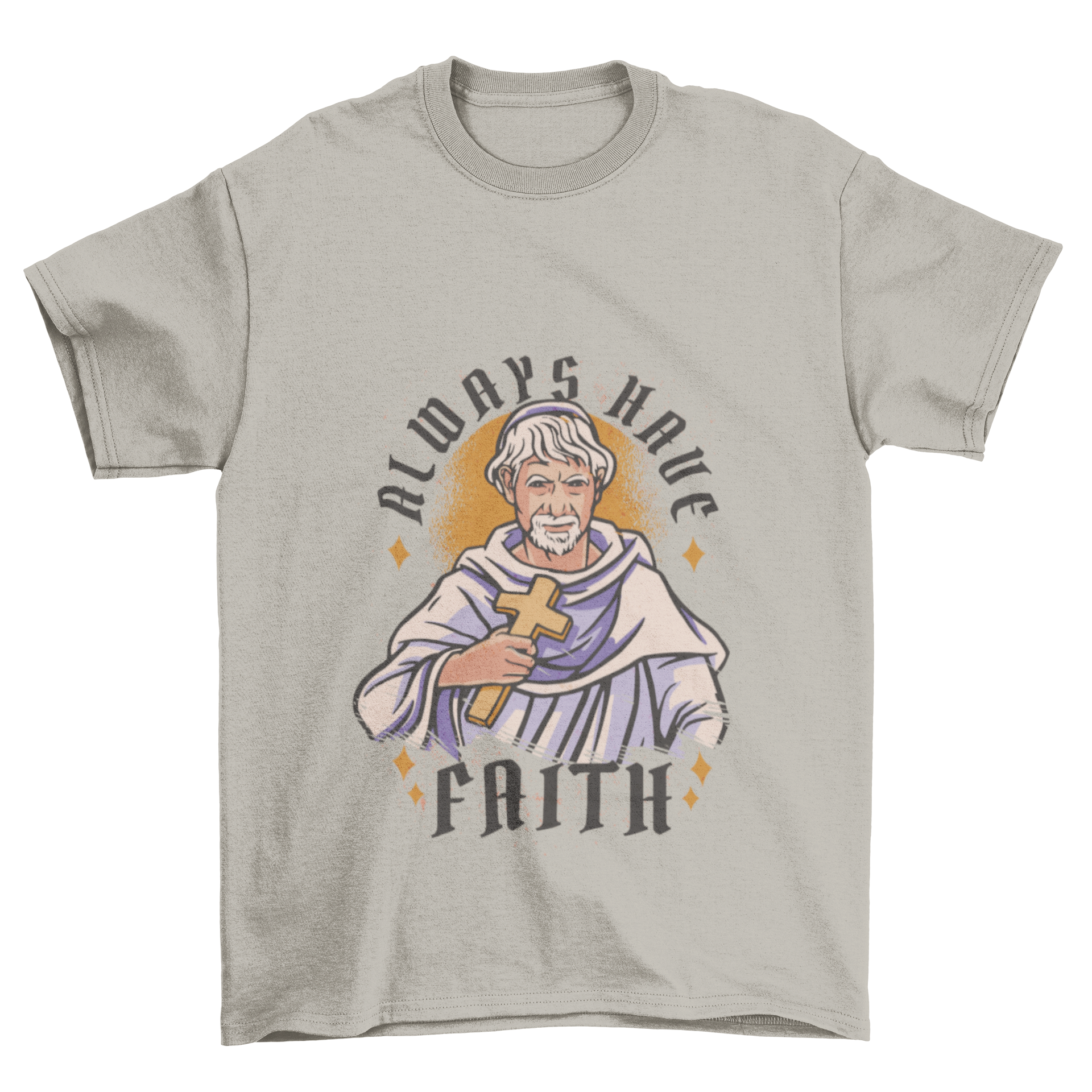 A stylish t-shirt featuring a man in religious attire holding a cross, symbolizing faith.