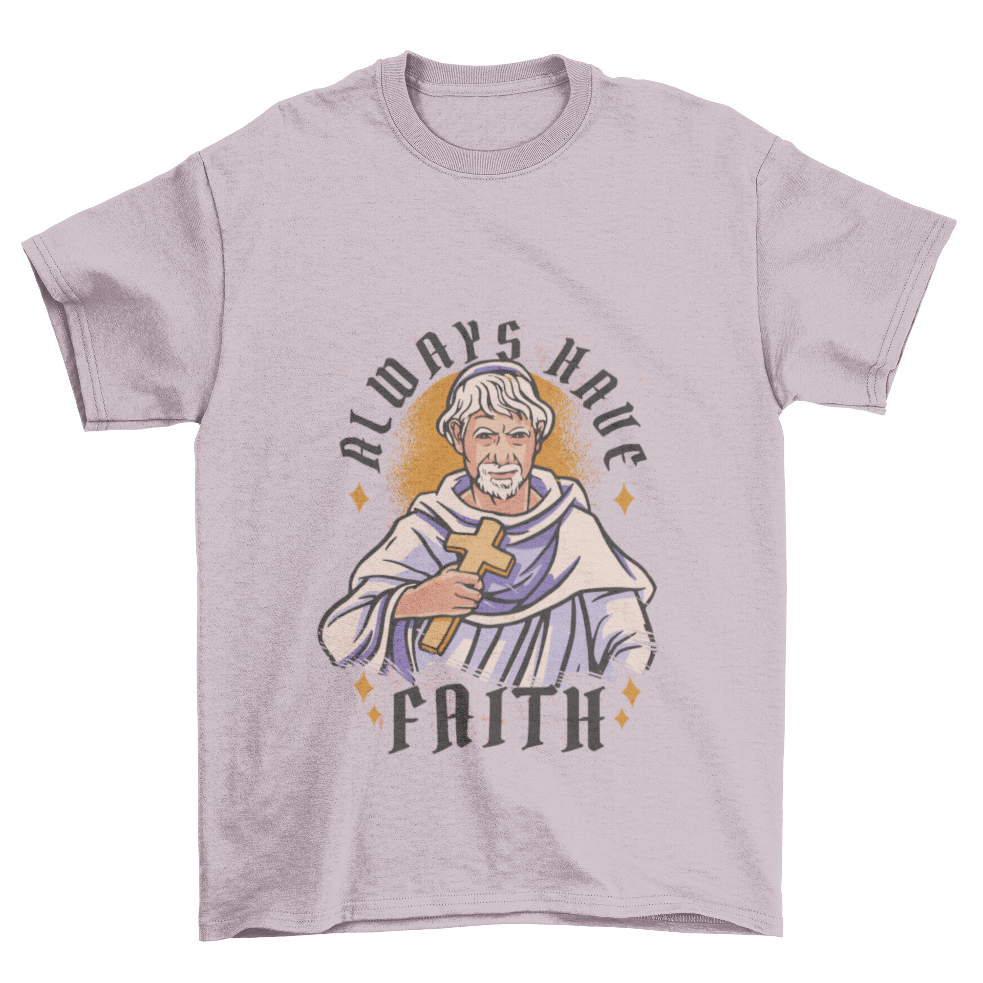 A stylish t-shirt featuring a man in religious attire holding a cross, symbolizing faith.