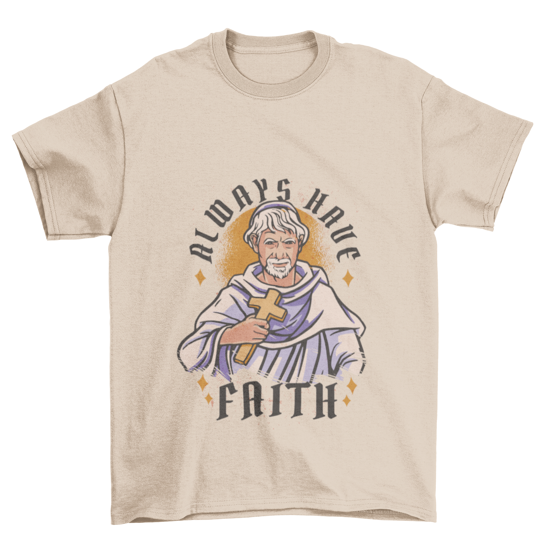 A stylish t-shirt featuring a man in religious attire holding a cross, symbolizing faith.