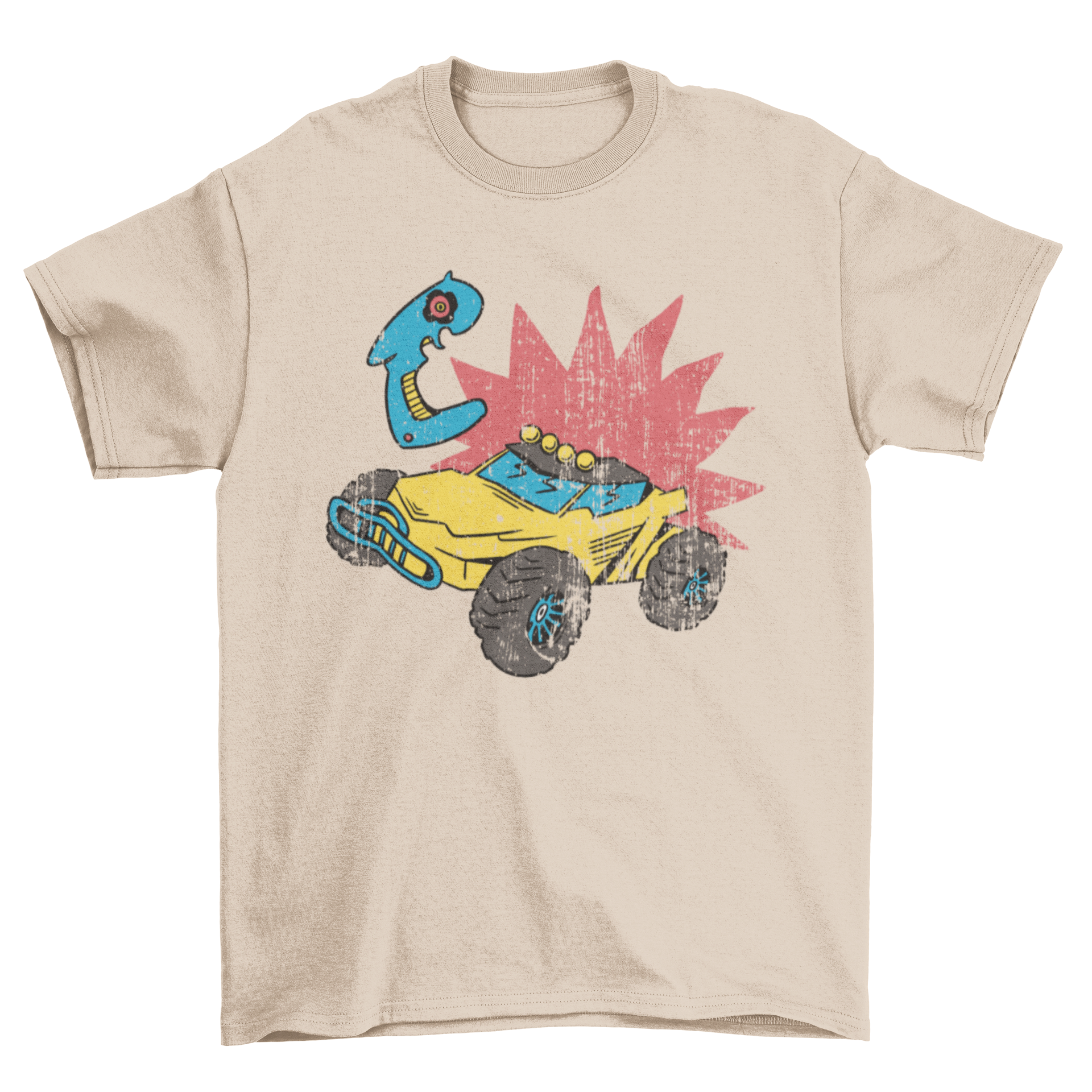 A stylish t-shirt featuring a remote control car design in grunge style, perfect for car enthusiasts.