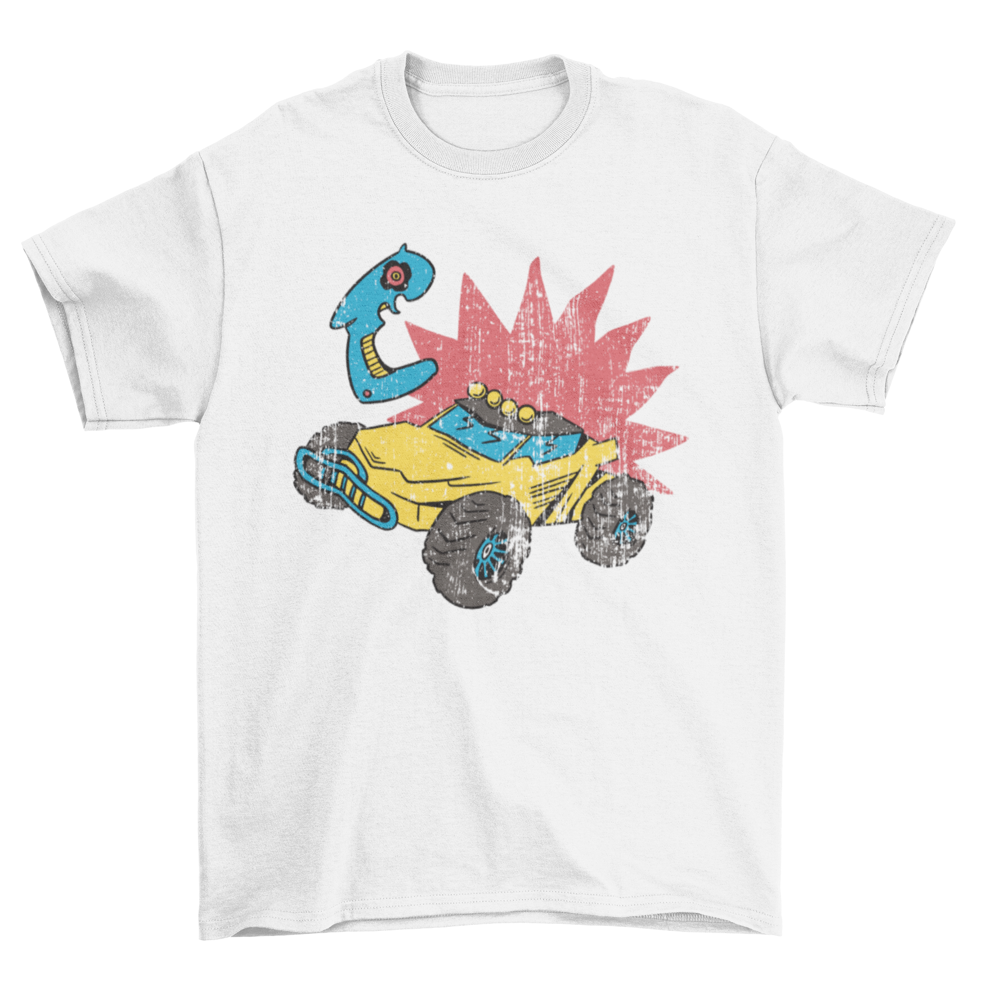 A stylish t-shirt featuring a remote control car design in grunge style, perfect for car enthusiasts.