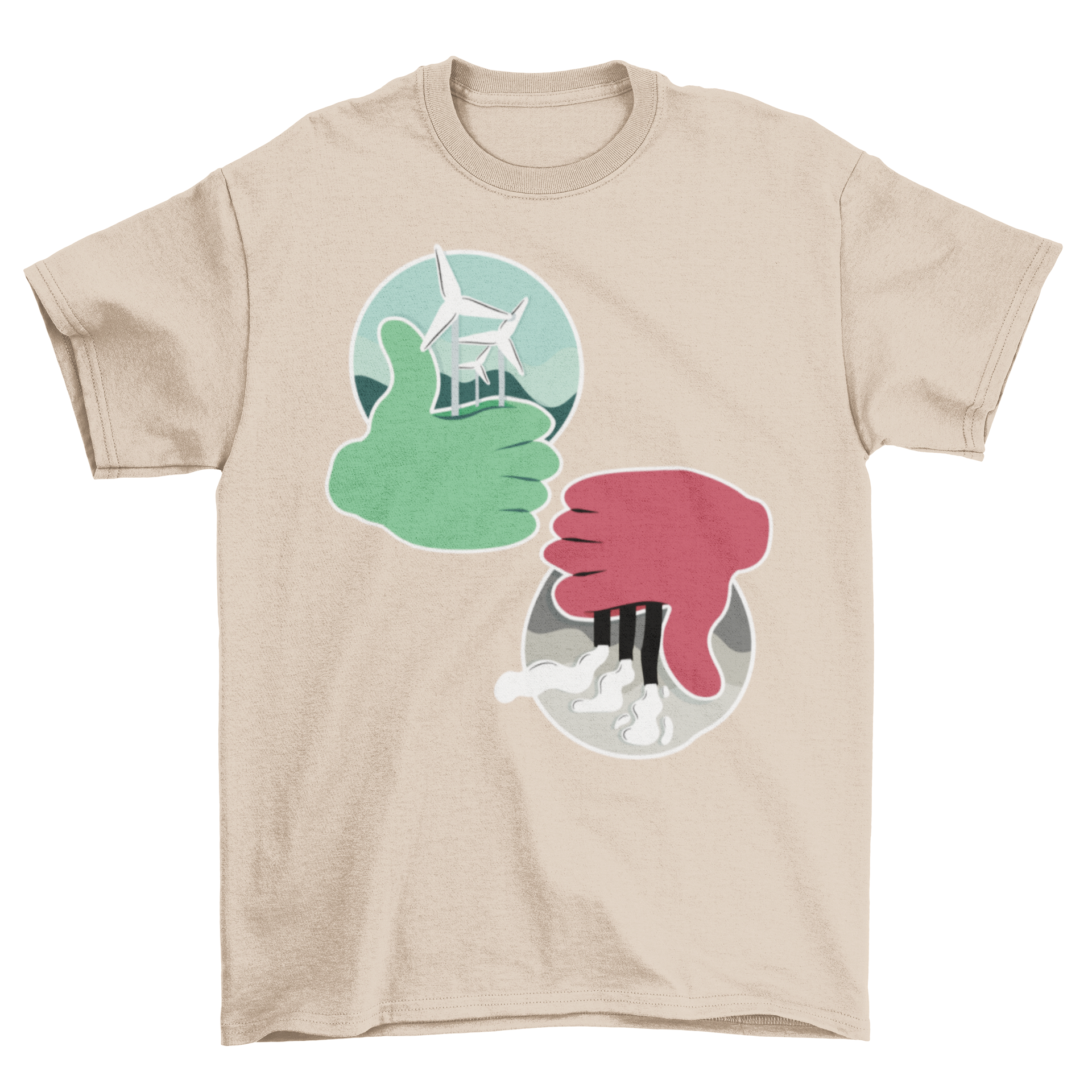 Renewable Energy T-shirt featuring a green thumbs-up and wind power mills design, contrasted with a red thumbs-down for pollution.