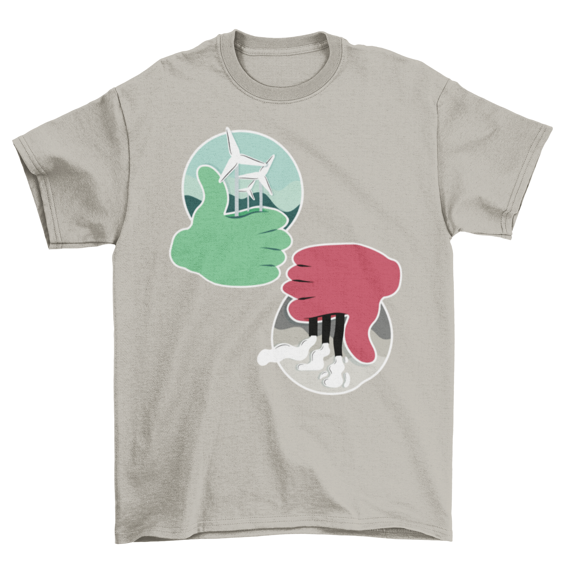 Renewable Energy T-shirt featuring a green thumbs-up and wind power mills design, contrasted with a red thumbs-down for pollution.