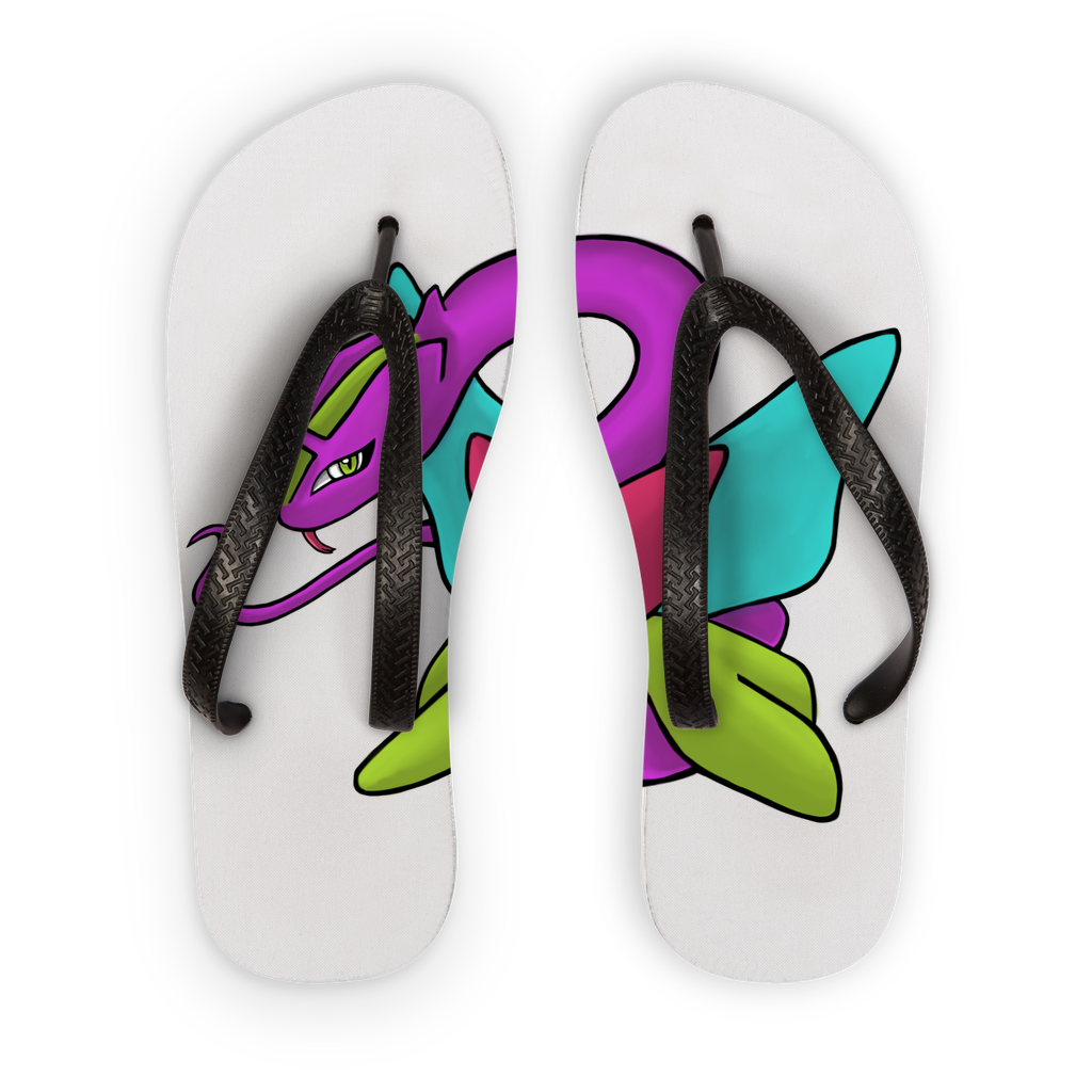 Rengitsu Adult Flip Flops featuring customizable printed fabric and soft black or orange straps, ideal for poolside wear.