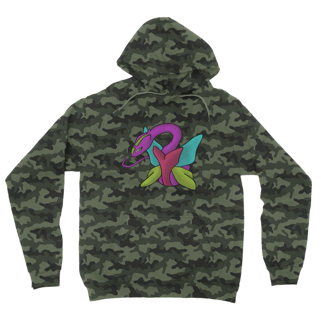 Rengitsu Camouflage Adult Hoodie featuring an all-over camo design, double fabric hood, and kangaroo pouch pocket.