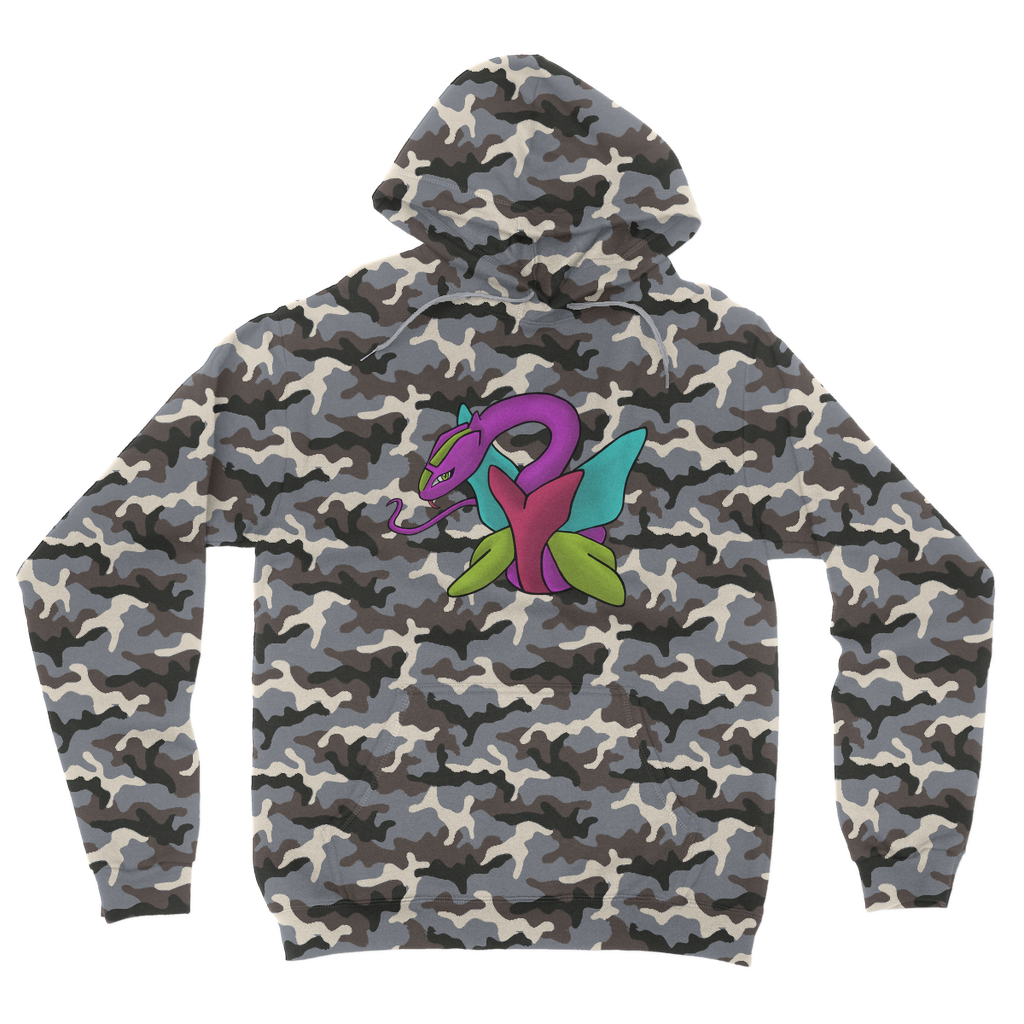 Rengitsu Camouflage Adult Hoodie featuring an all-over camo design, double fabric hood, and kangaroo pouch pocket.