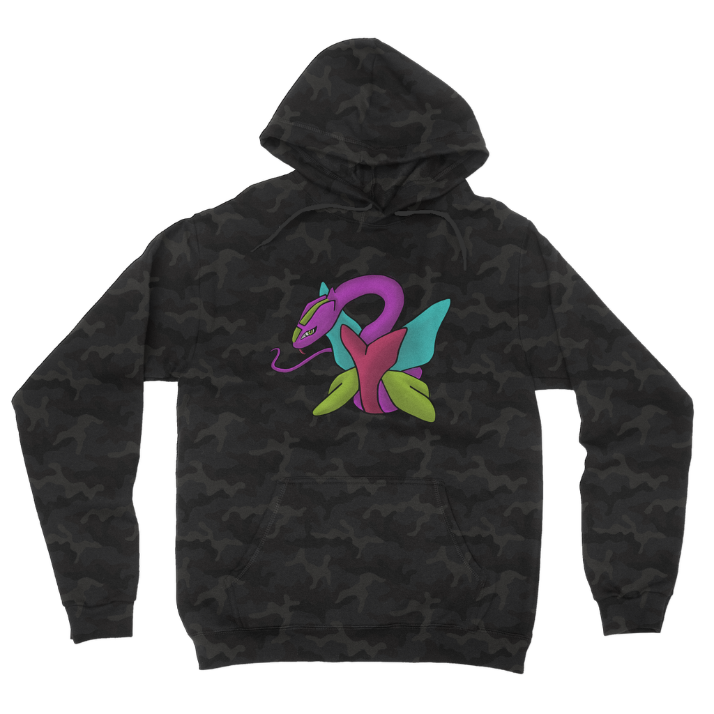 Rengitsu Camouflage Adult Hoodie featuring an all-over camo design, double fabric hood, and kangaroo pouch pocket.