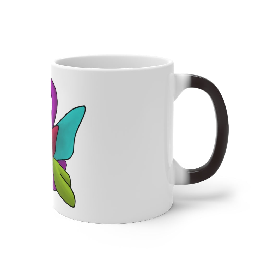 Rengitsu Color Changing Mug showcasing vibrant colors when filled with hot liquid, featuring a C-handle and rounded corners.