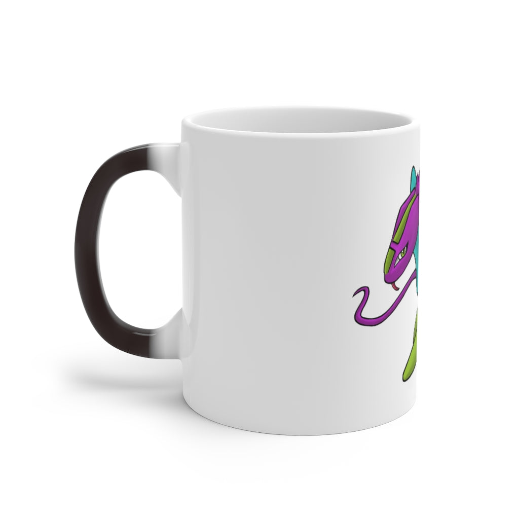 Rengitsu Color Changing Mug showcasing vibrant colors when filled with hot liquid, featuring a C-handle and rounded corners.