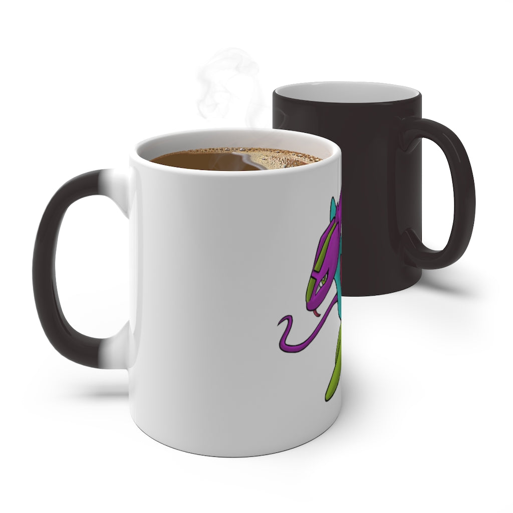 Rengitsu Color Changing Mug showcasing vibrant colors when filled with hot liquid, featuring a C-handle and rounded corners.