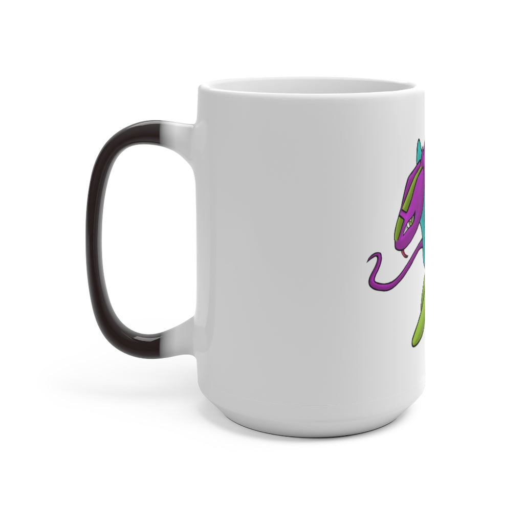 Rengitsu Color Changing Mug showcasing vibrant colors when filled with hot liquid, featuring a C-handle and rounded corners.