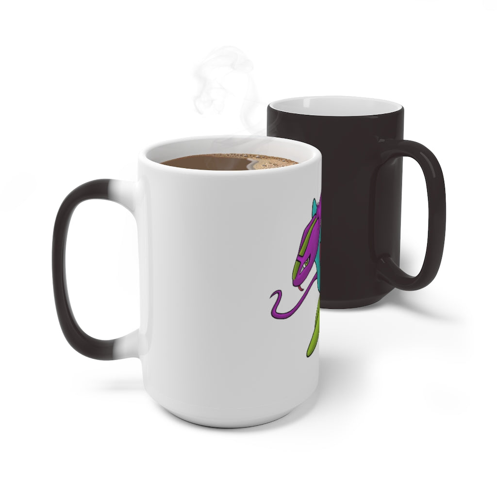 Rengitsu Color Changing Mug showcasing vibrant colors when filled with hot liquid, featuring a C-handle and rounded corners.