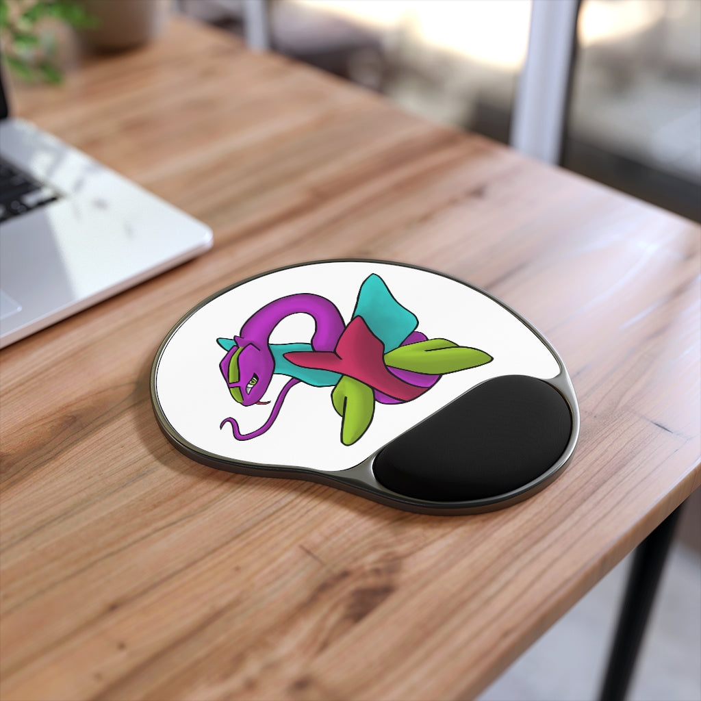 Rengitsu Mouse Pad with ergonomic Memory Foam wrist rest and custom-printed neoprene insert, foot-shaped base.