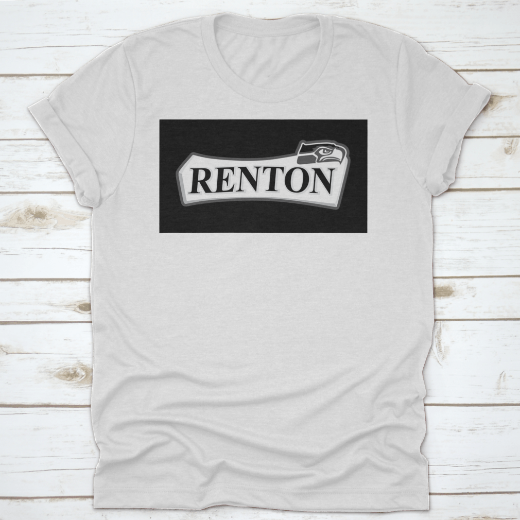 Renton T-shirt featuring a black eagle design in black and white text color, showcasing its classic fit and midweight fabric.