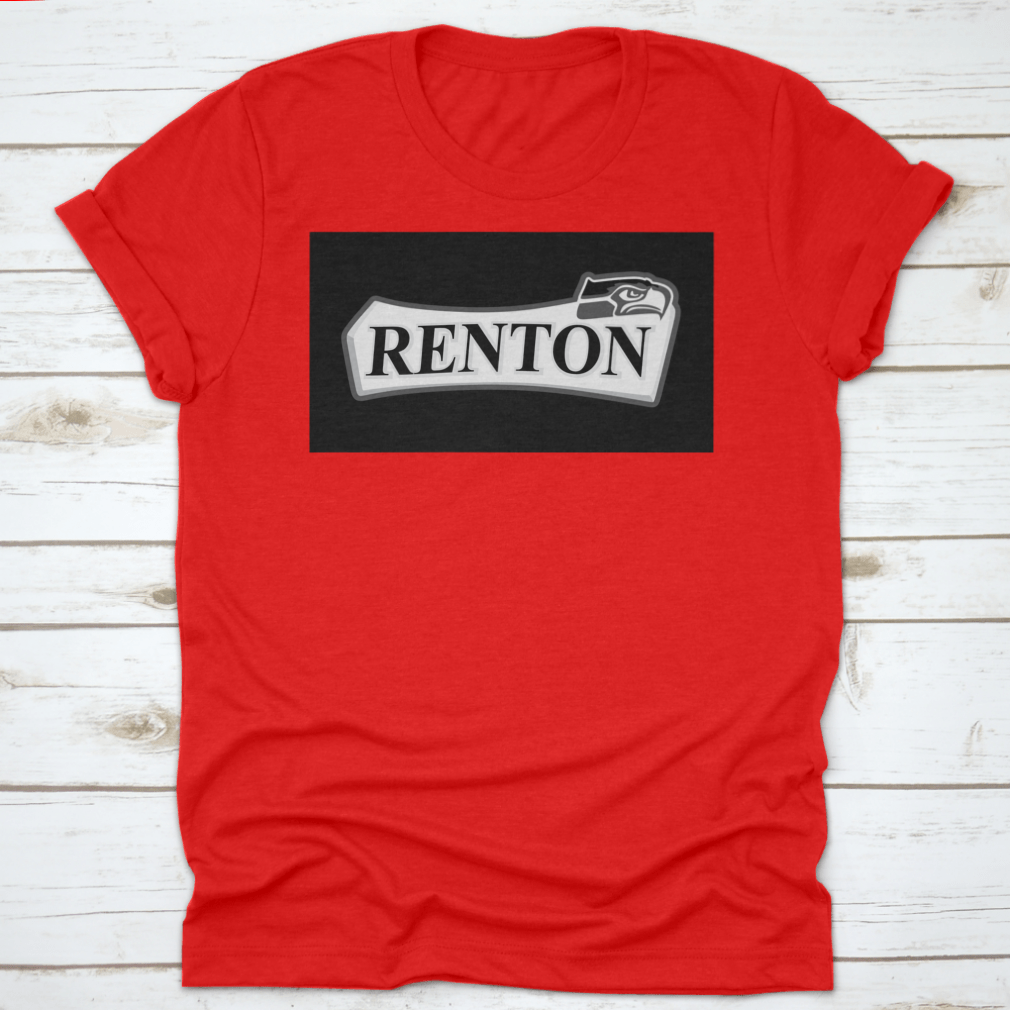 Renton T-shirt featuring a black eagle design in black and white text color, showcasing its classic fit and midweight fabric.