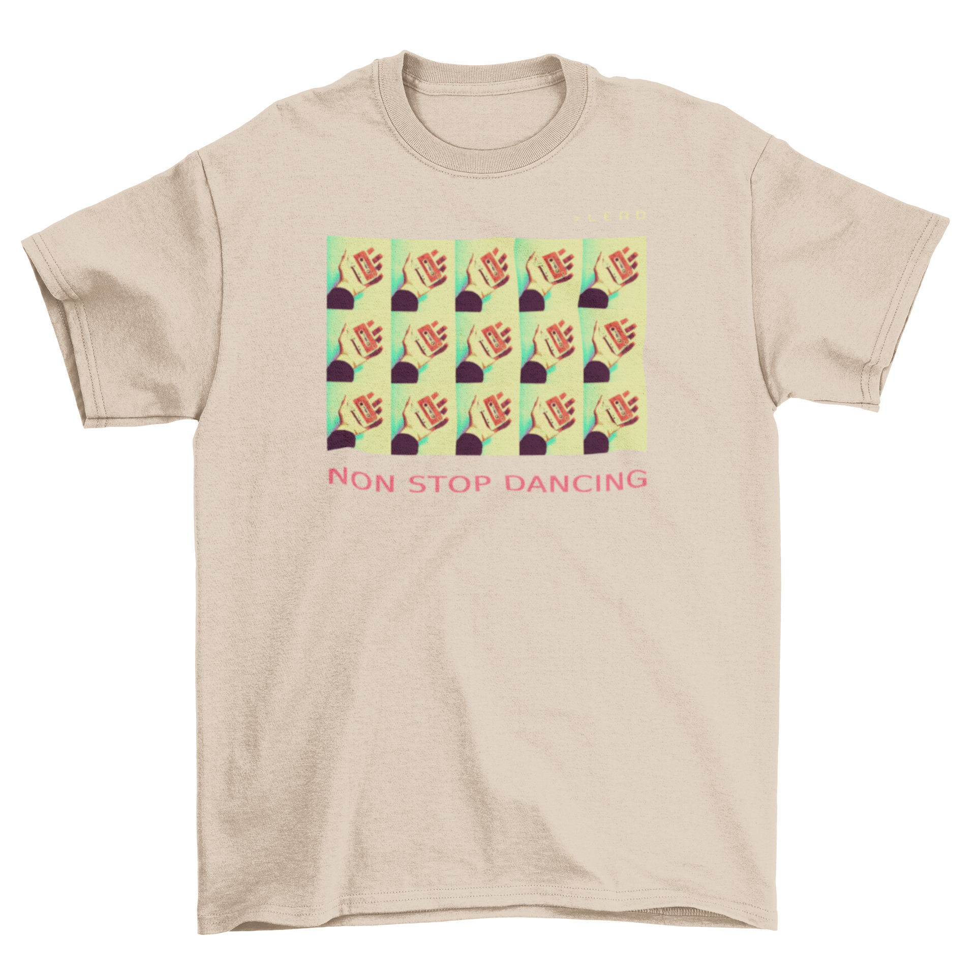 Repetition Effect T-Shirt featuring bold 'Non Stop Dancing' text and unique design.