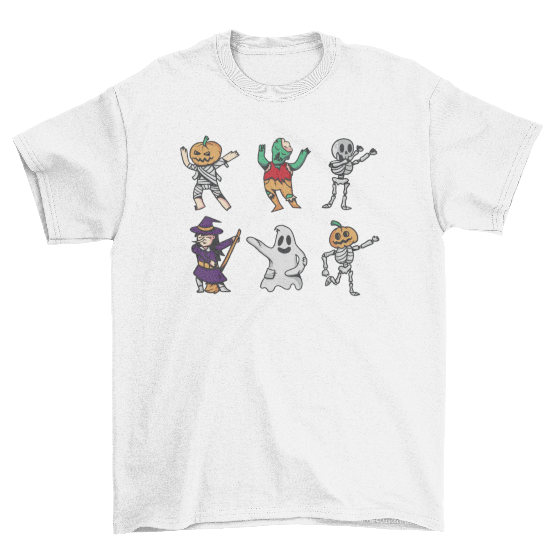 A vibrant t-shirt featuring dancing Halloween characters, perfect for festive celebrations.