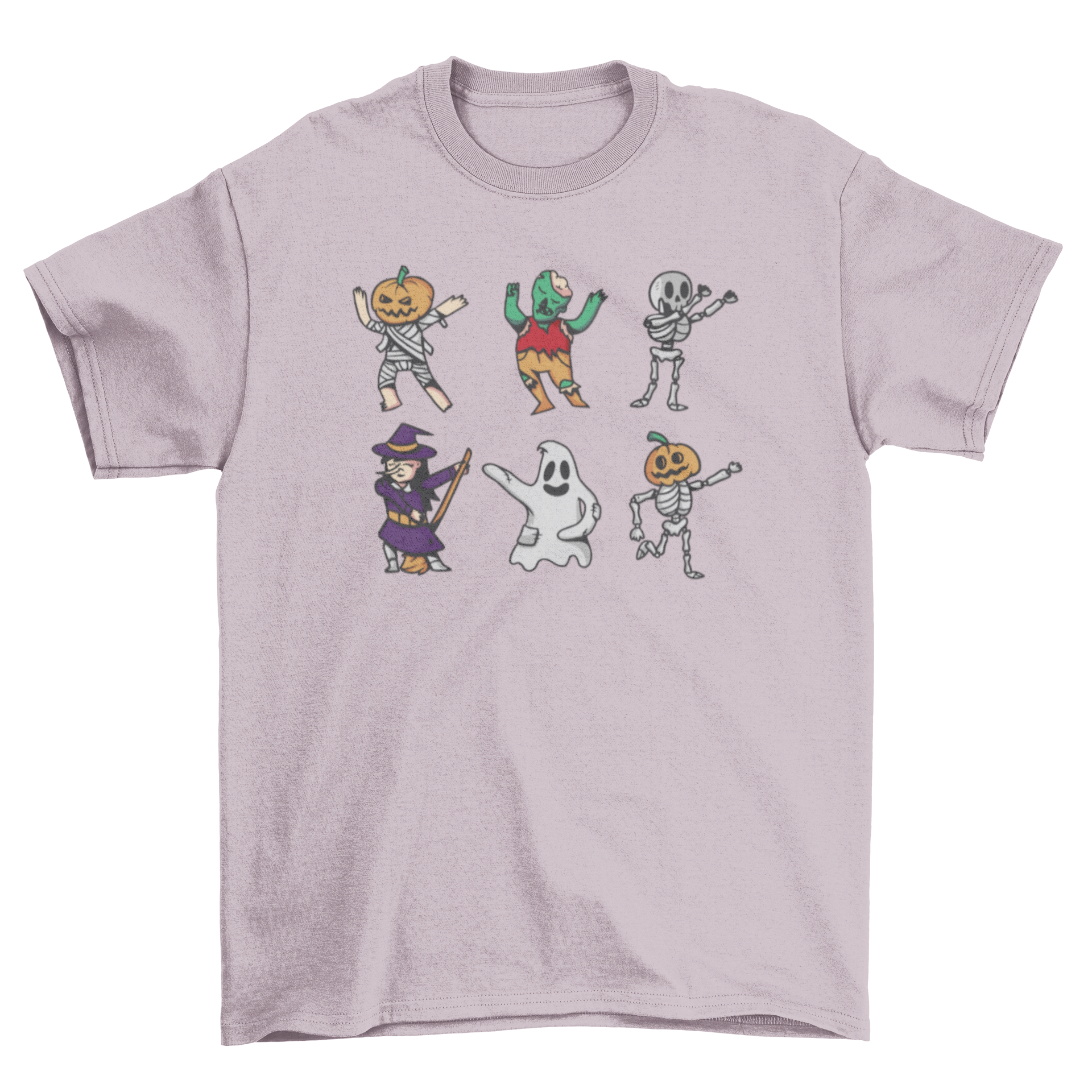 A vibrant t-shirt featuring dancing Halloween characters, perfect for festive celebrations.