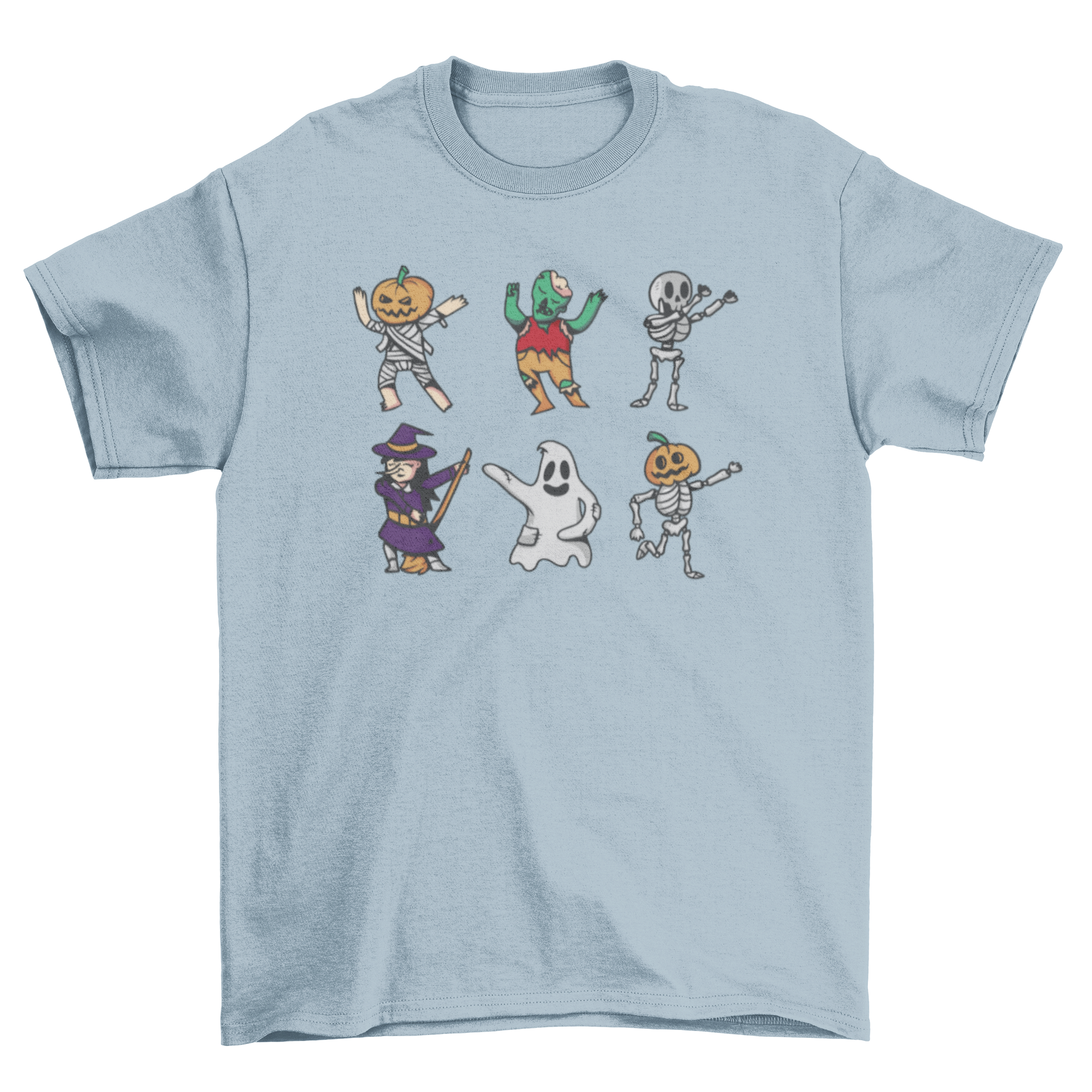 A vibrant t-shirt featuring dancing Halloween characters, perfect for festive celebrations.