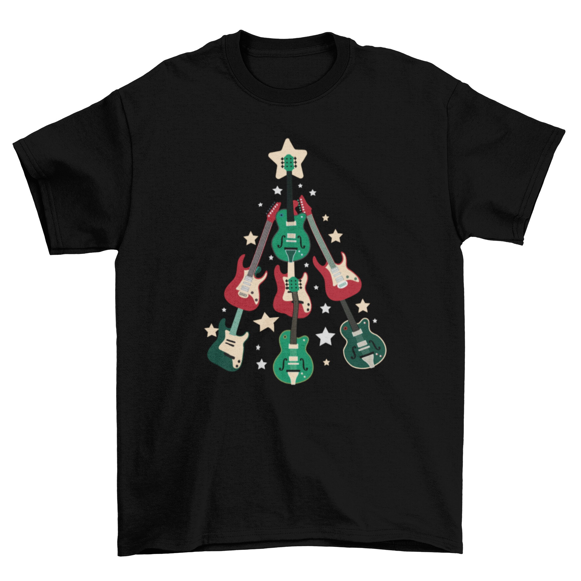 REQUEST-Guitar Christmas Tree T-shirt featuring a Christmas tree design made of various guitars.