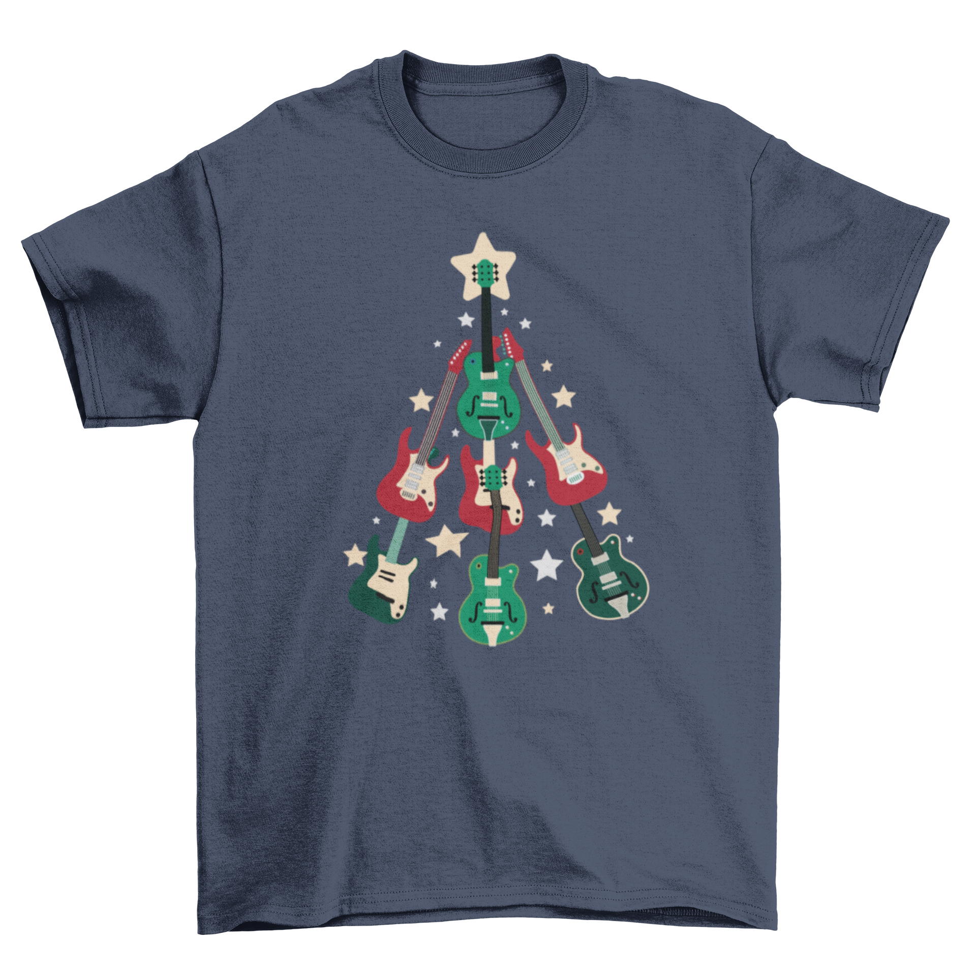 REQUEST-Guitar Christmas Tree T-shirt featuring a Christmas tree design made of various guitars.