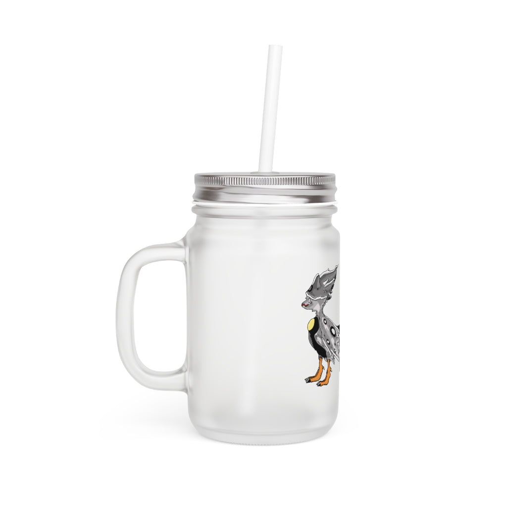 A stylish Rerann Mason Jar made of frosted glass, featuring a straw and lid, perfect for personalized drinks.